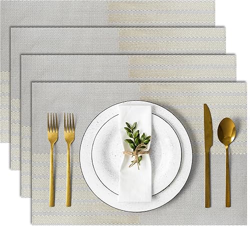 COSMOCASA Juego de 4 manteles individuales de vinilo a rayas, reversibles de plástico tejido para mesa de comedor, interiores y exteriores,