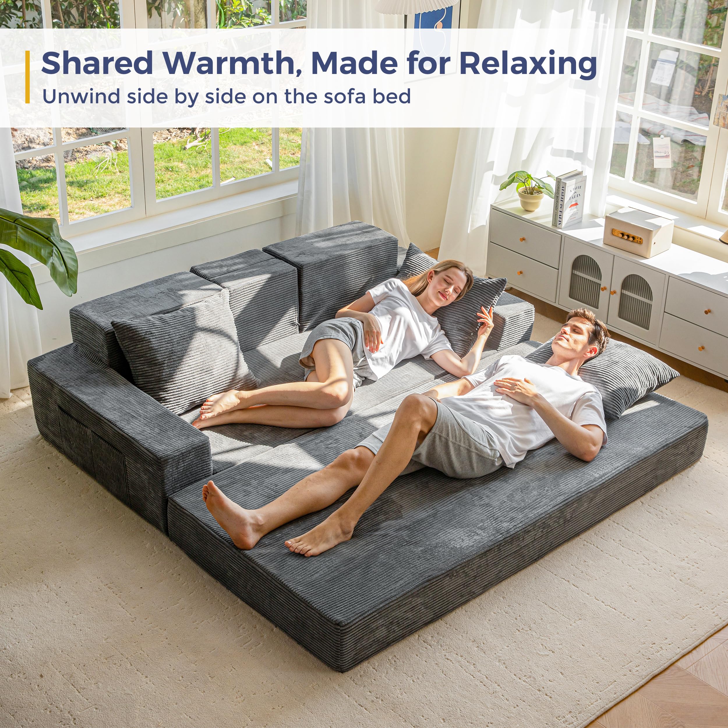MAXYOYO Klappbares Schlafsofa, Cord-Bodensofa mit Getränkehalter | Ausziehbares Schlafsofa mit Getränkehalter und Kissen, bequemes Kompressionssofa für Wohnzimmer, Schlafzimmer, Gästezimmer