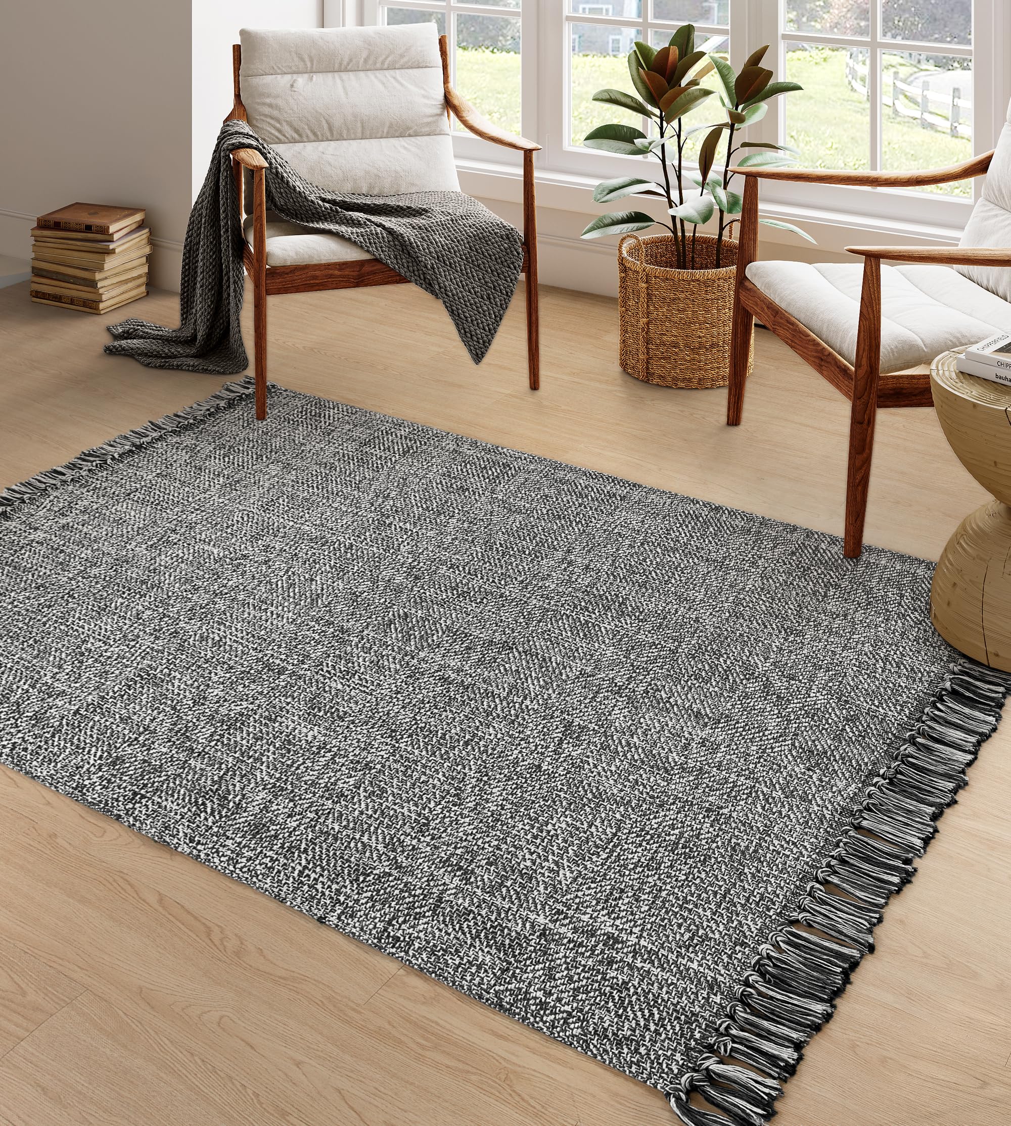 Collive Comfy Area Rug 4' x 6', Grey/Cream Woven Cotton Bedroom Rugs, Modern Indoor Accent Rug Floor Carpet with Tassel for Living Room, Nursery Room,