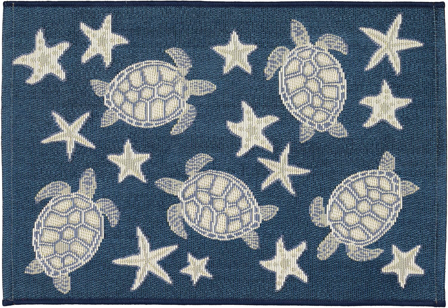 Liora Manne Esencia Machine Washable Non-Slip Low Profile Indoor/Outdoor Mat-Transitional, Coastal, Turtle, Whimsical, Turtle and Stars Navy 2'5" x 3'11"