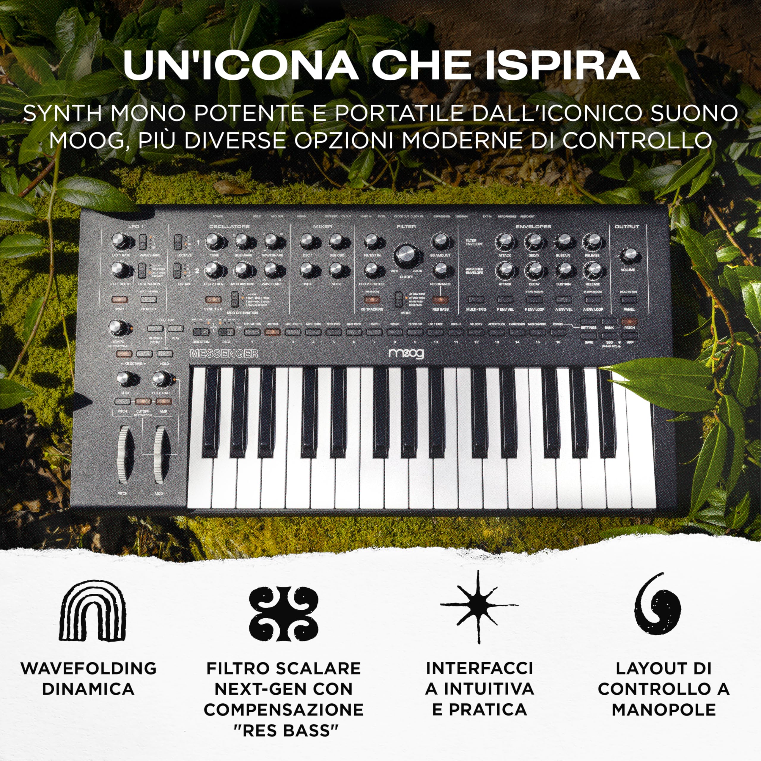 MOOG Messenger - Synth-Tastiera Analogico Monofonico di Nuova Generazione con 32 Note, Sequencer a 64 Step, 256 Preset e Compensazione RES BASS
