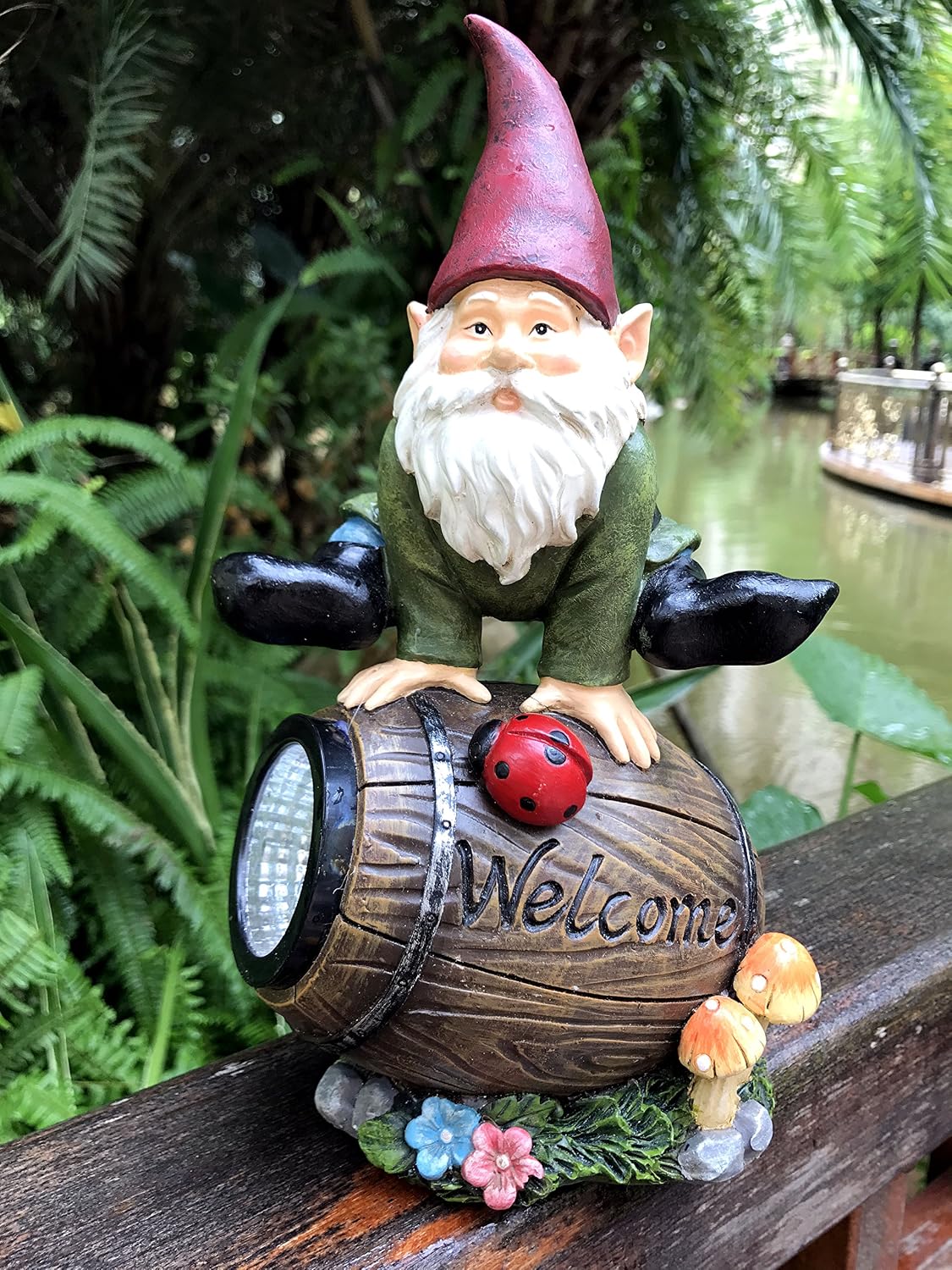 Solar Powered Gnome Jumping Over a Barrel with Ladybug LED Garden Light Decor
