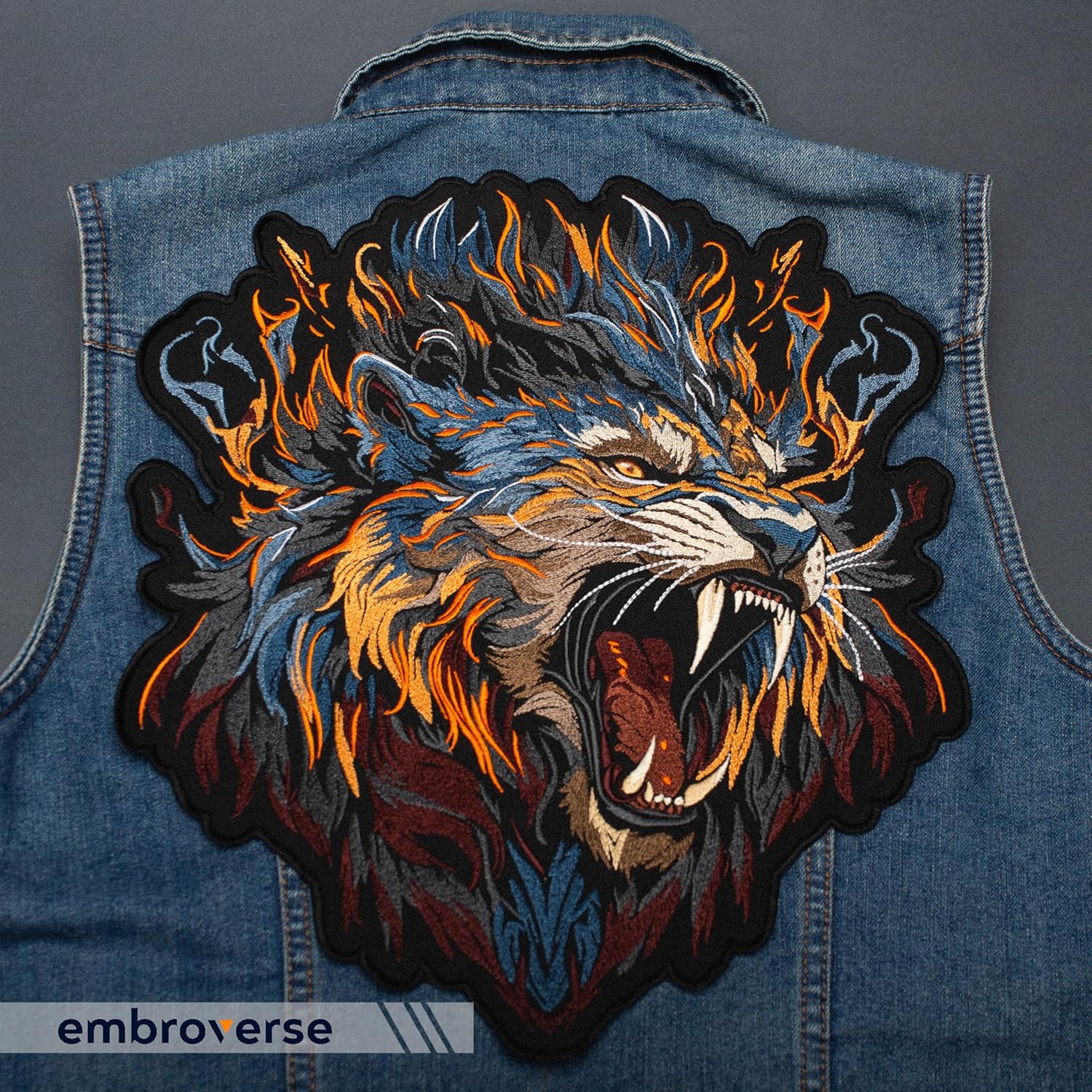 EMBROVERSE Fierce Flaming Tiger Large Back Patch - Embroidered Iron-On, Fantasy Predator Face, Biker Jacket Emblem, Premium Quality, 9.7 x 11 inches