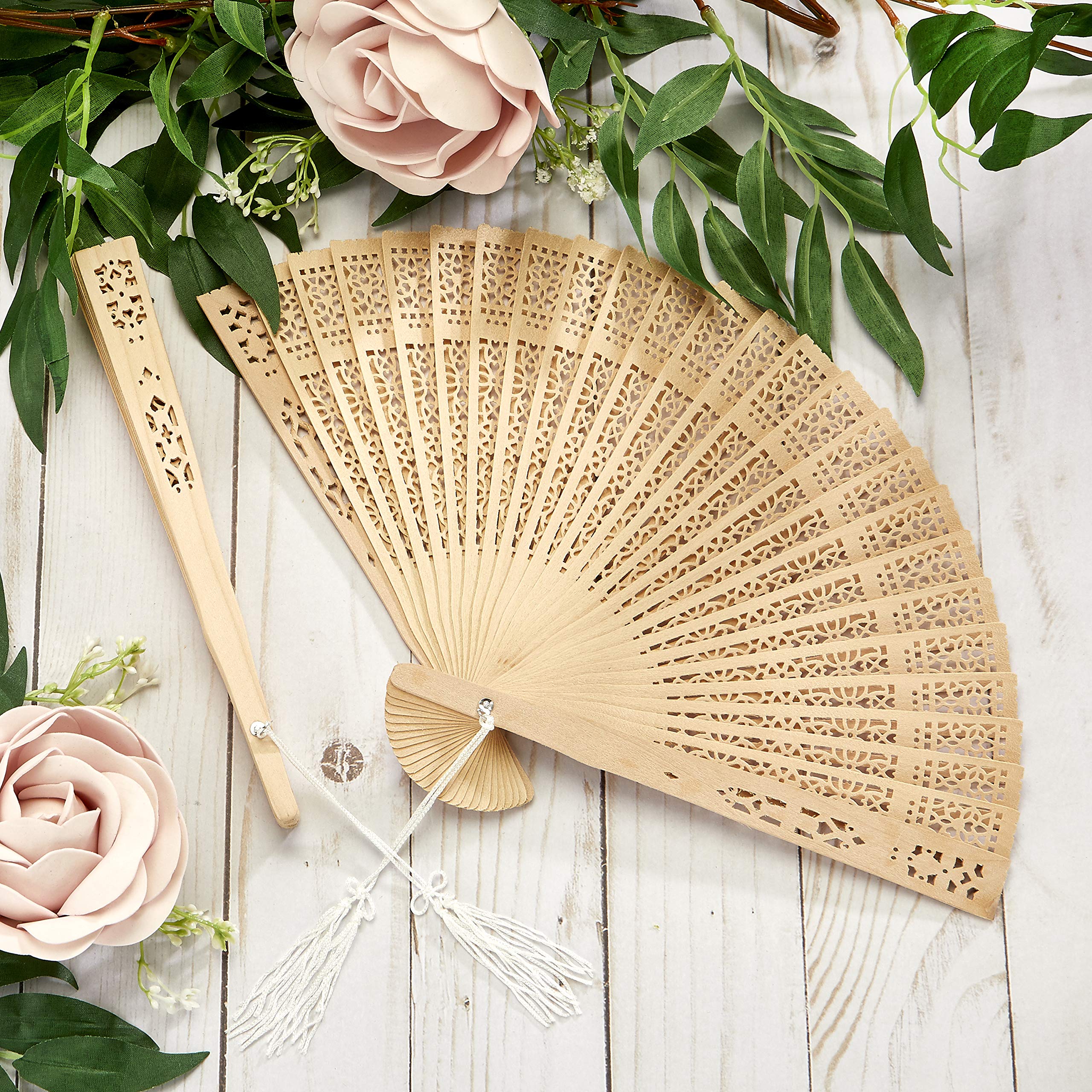 FashionCraft Hand Folding Fan Chinese Wooden Sandalwood Openwork Personal Held Fan Ideal for Outdoor Wedding Favors/Decoration, Baby Shower, Birthdays, Gifts set of (1)
