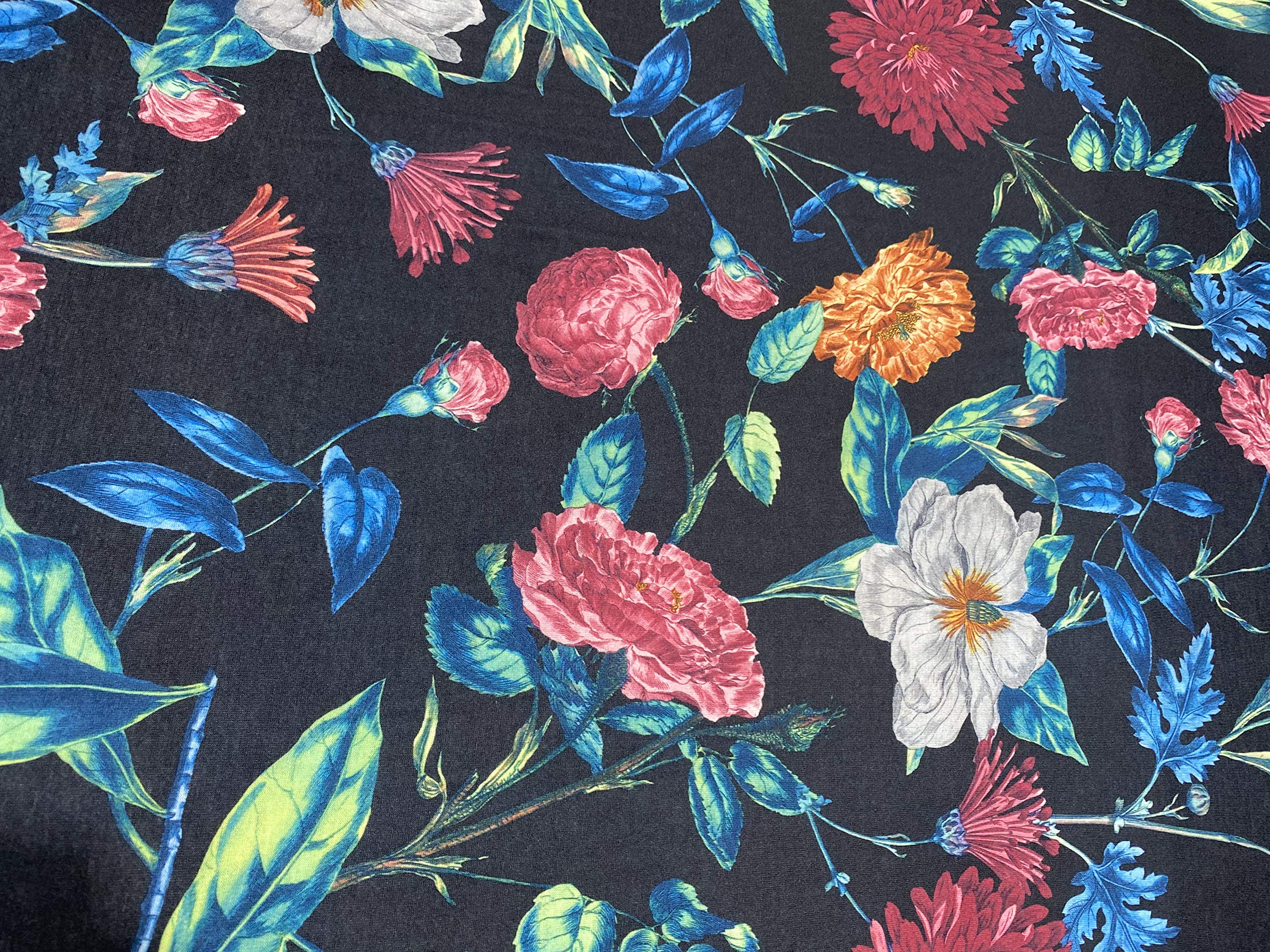 Thimbles Fabrics Pink |( Floral With Blue Leaves On Black)- High Content Cotton Knit Jersey Fabric Floral Printed Knitted Stretch Jersey 145Cm/57”Width For Dressmaking 145Cm - Sold By The Half Metre