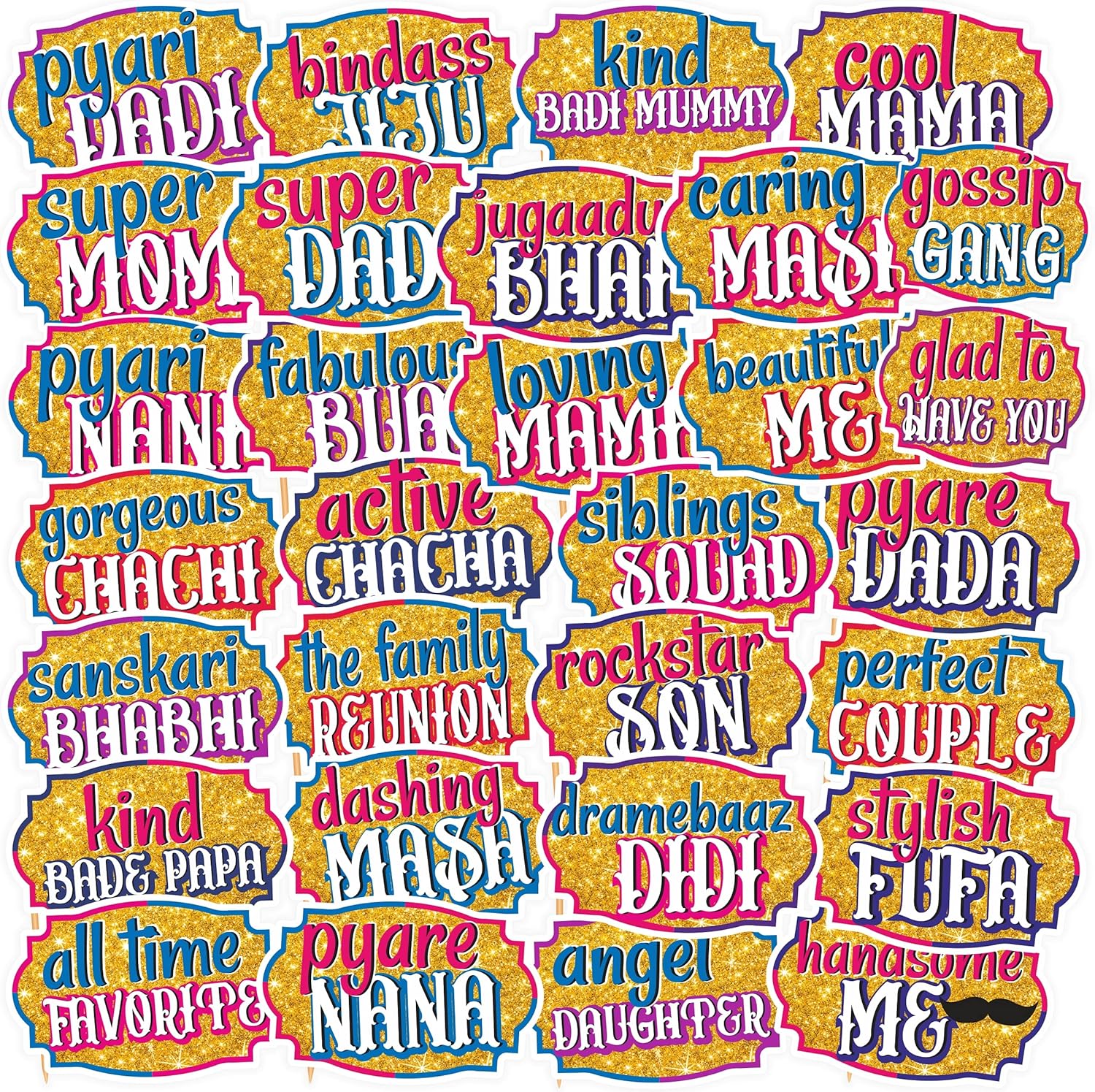 Family Photo Booth All Occasion Function Party Props Indian Baby Shower Festival Props for Family Wedding/Anniversary/Haldi/Reception/Birthday Party/Sangeet-30Pcs by Indian Collectible