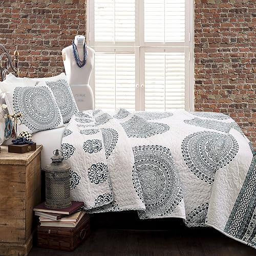 Lush Decor Shaila Medallion Quilt  Juego de ropa de cama reversible de 3 piezas con estampado de mandala, tamaño King, color azul