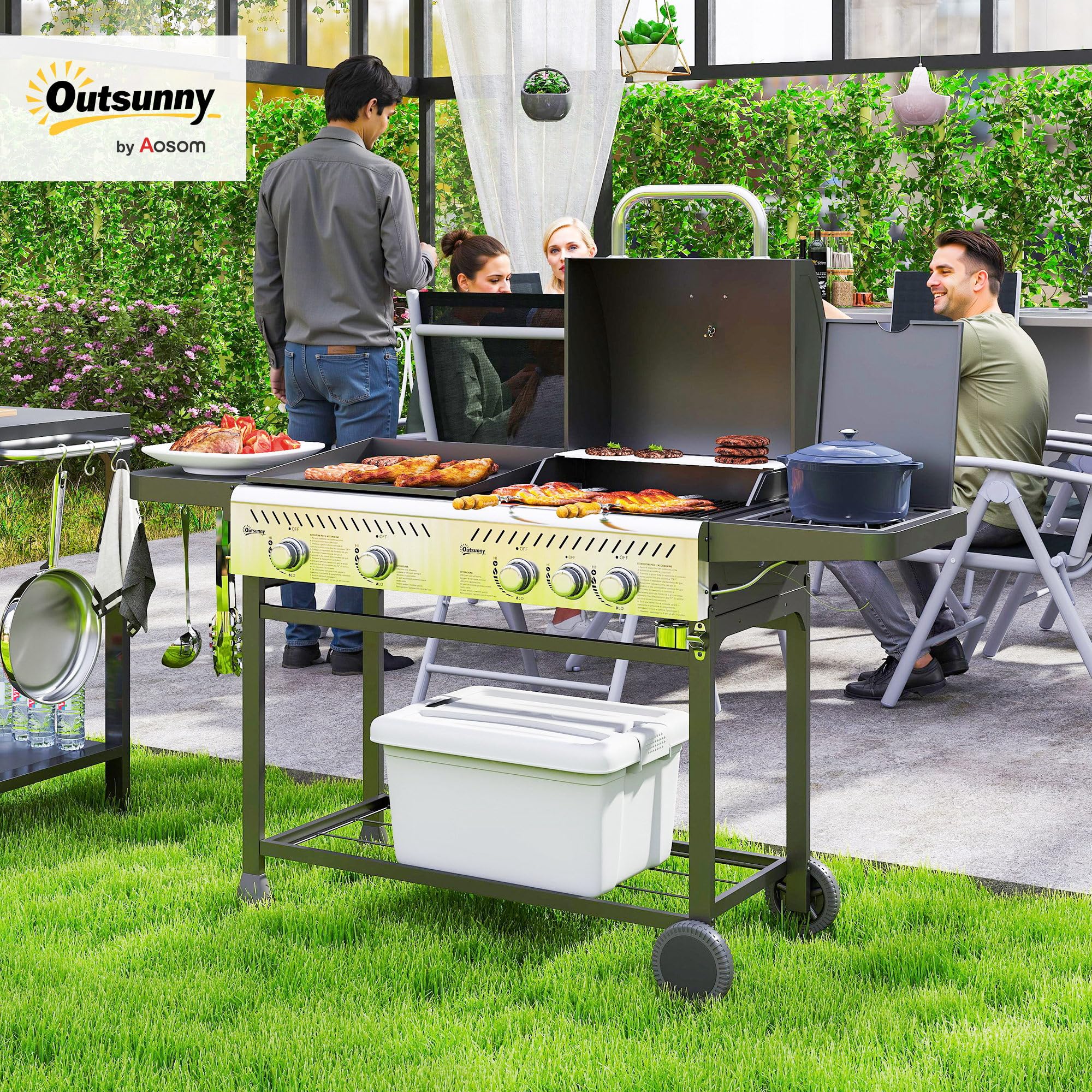 Outsunny Grill Gazowy 4+1 Palniki 12kW z Termometrem, Stal, Czarny Srebrny