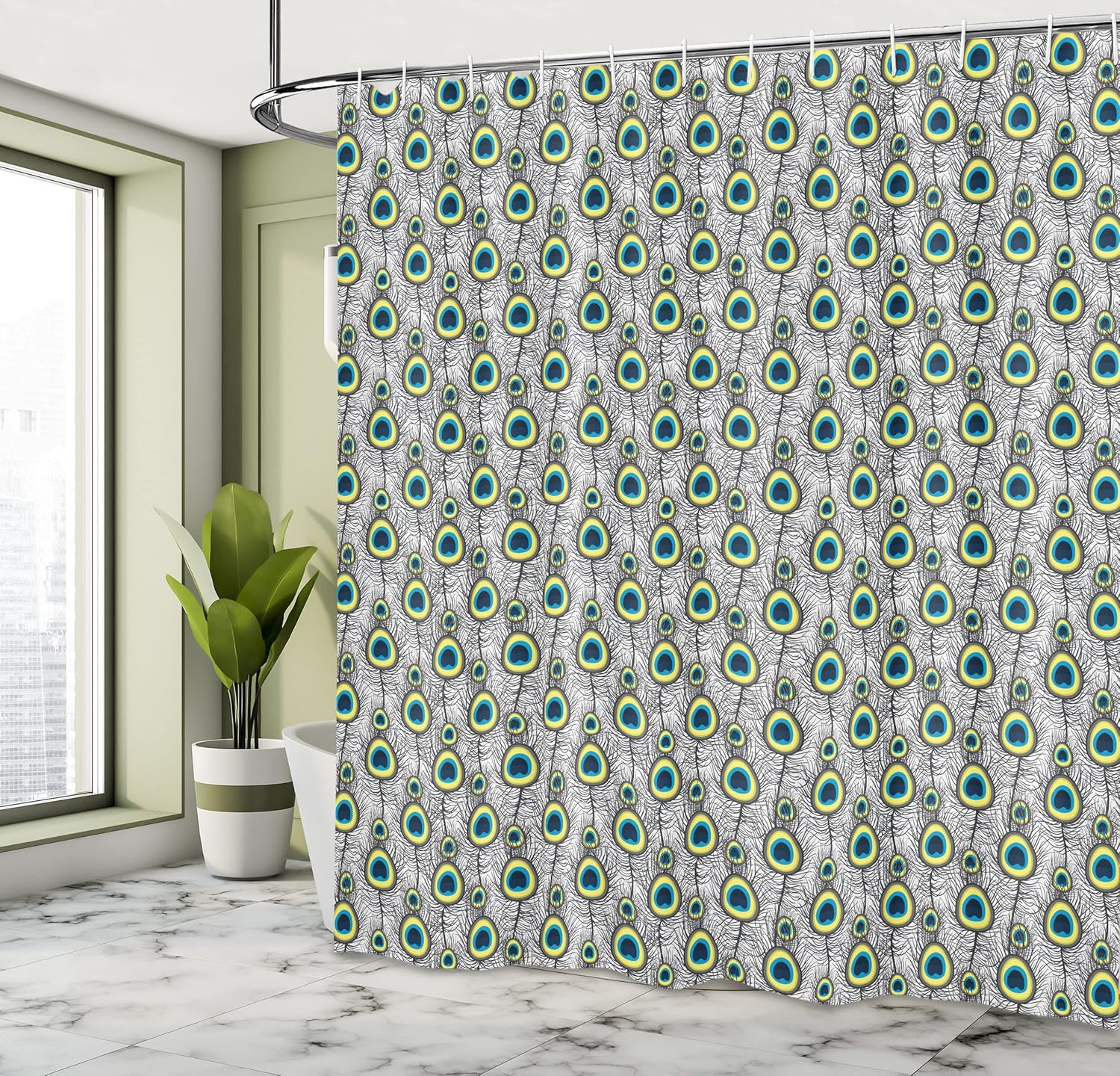 Ambesonne Peacock Shower Curtain, Peacock Tail Feathers Pattern Vintage Traditional Artwork Zoo Wings Summer, Cloth Fabric Bathroom Decor Set with Hooks, 69" W x 84" L, Yellow Black