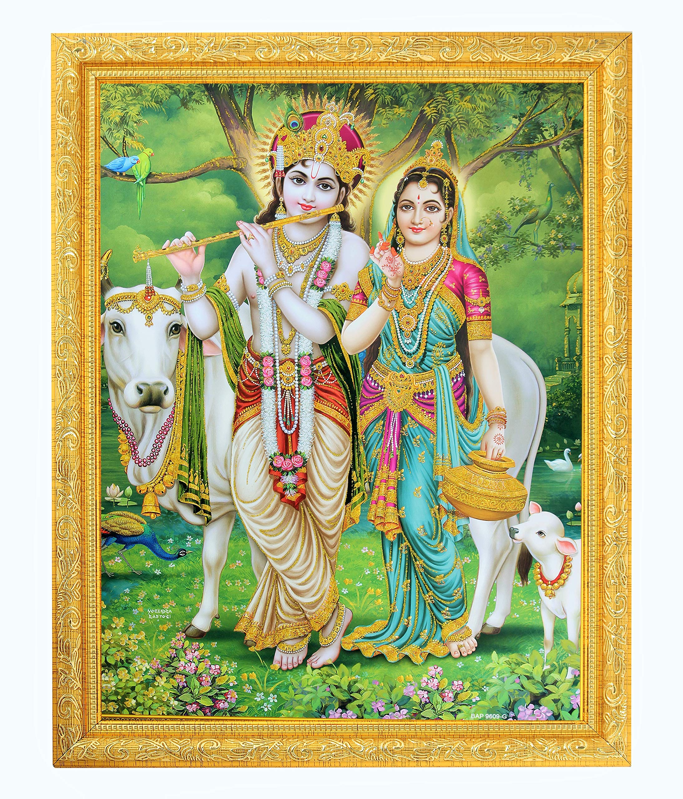 Photo de Radha Krishna Golden Zari sous cadre doré 35x45 cm pour mur de temple