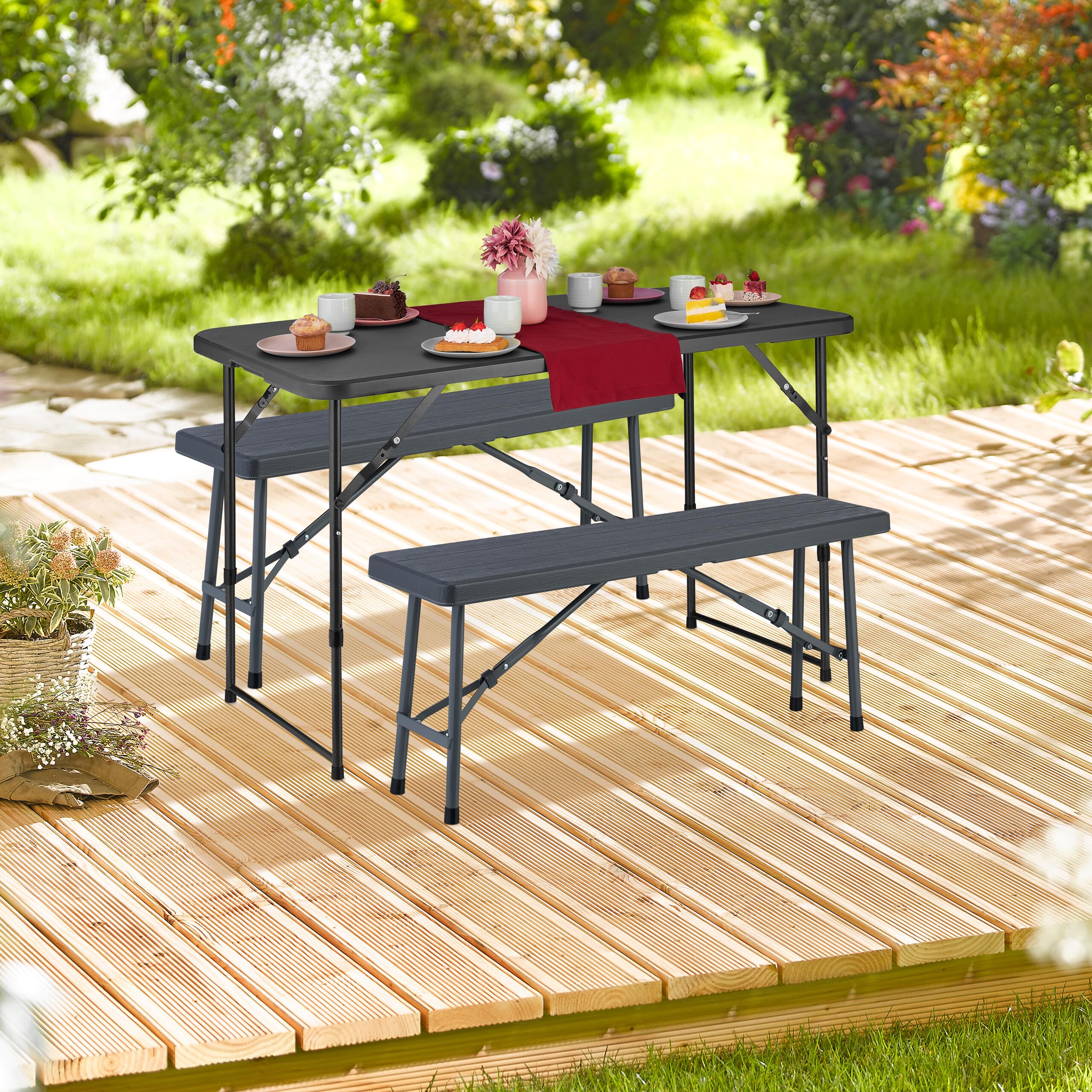 Relaxdays Bierbank 2er Set, klappbar, Kunststoff, Stahl, Campingbank, Balkon & Garten, HxBxT: 42 x 100 x 25 cm, grau