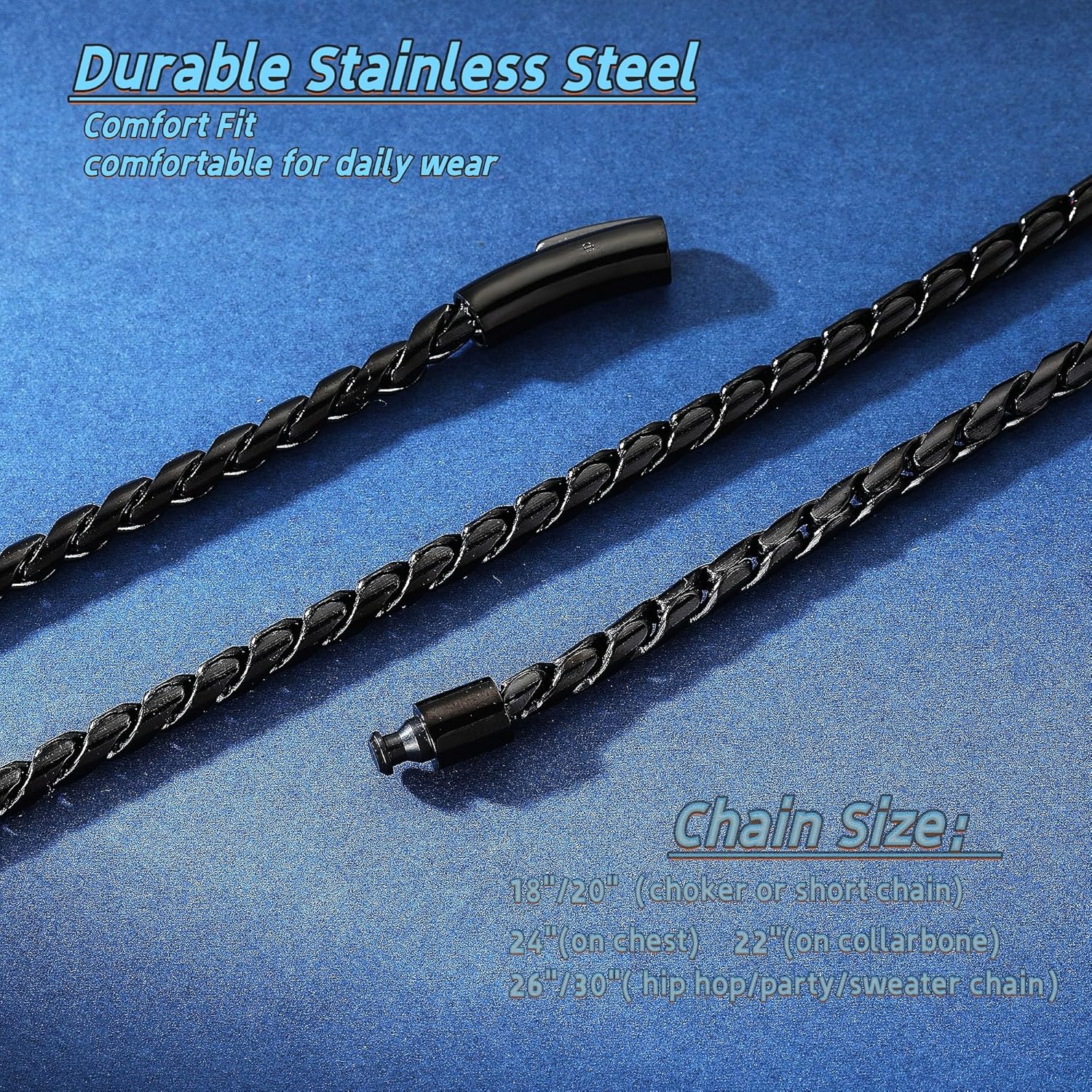 ROWIN&CO Twisted Rope Curb Cuban Chain 6mm Stainless Steel Necklace, Silver/Black/Blue Chain for Men Women Choker Jewelry Miami Link Hip hop Gifts 16"-30" - Image 7