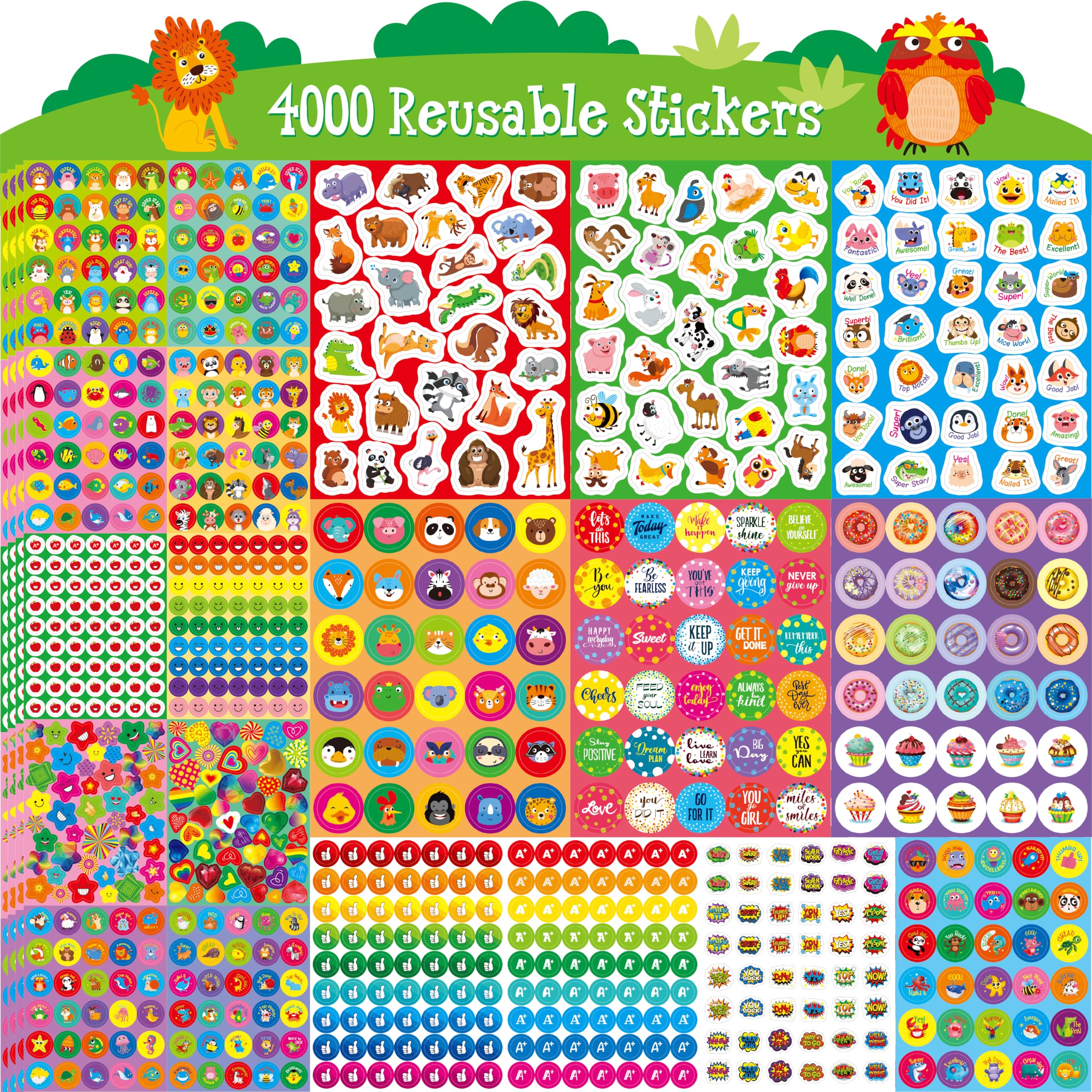 4000 Reusable Incentive Stickers, 100 Sheets Waterproof, Tear Resistant Reward Stickers-Remove Without Residue, Animals/Stars/Hearts Motivational Sticker for Kids Teachers, Parents, Bottles, Laptops — image 1