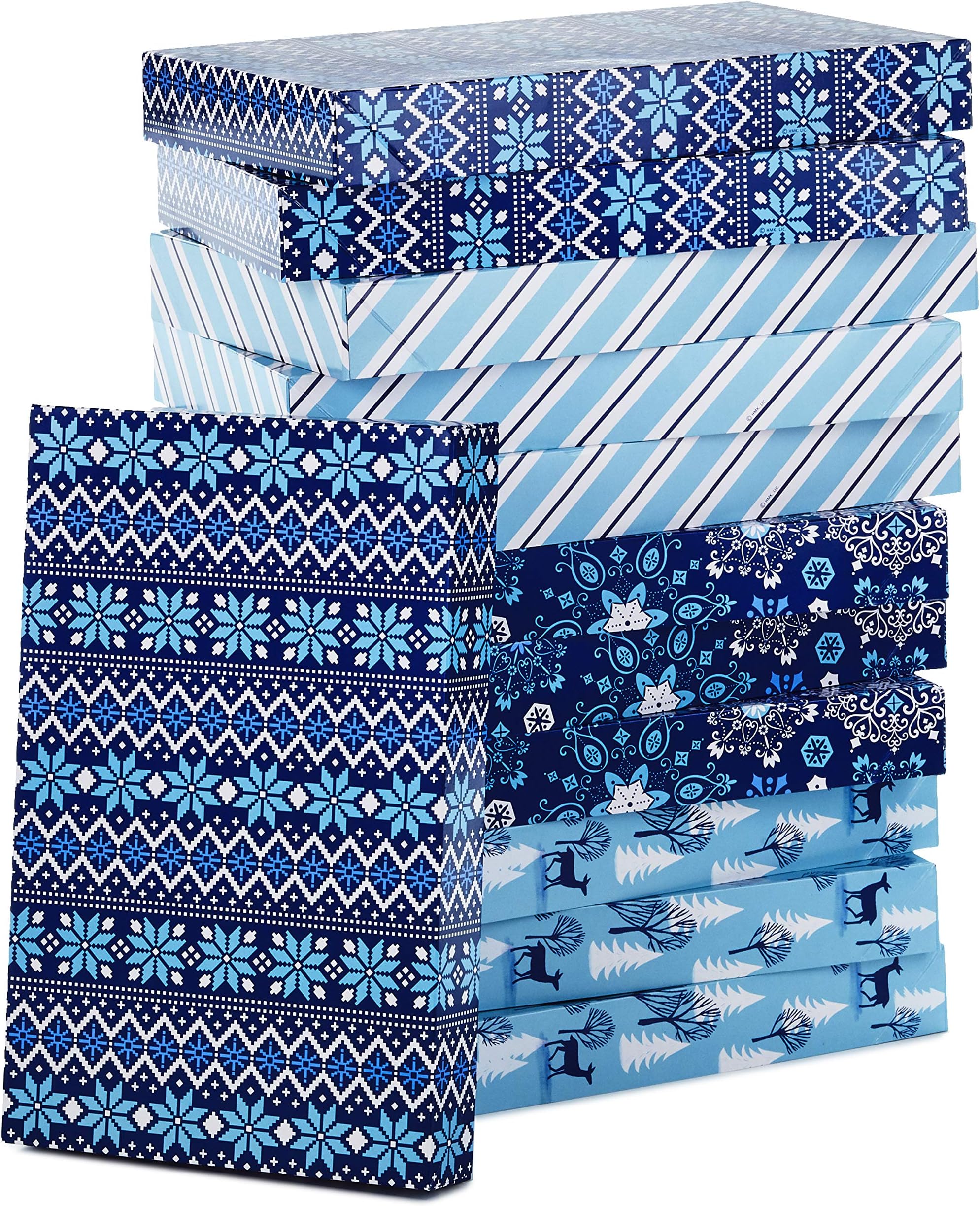 Medium Holiday Gift Boxes with Lids (12 Shirt Boxes, 4 Designs: Snowflakes, Stripes, Sweater Pattern, Reindeer) for Christmas, Hanukkah, Holiday Parties, Hostess Gifts