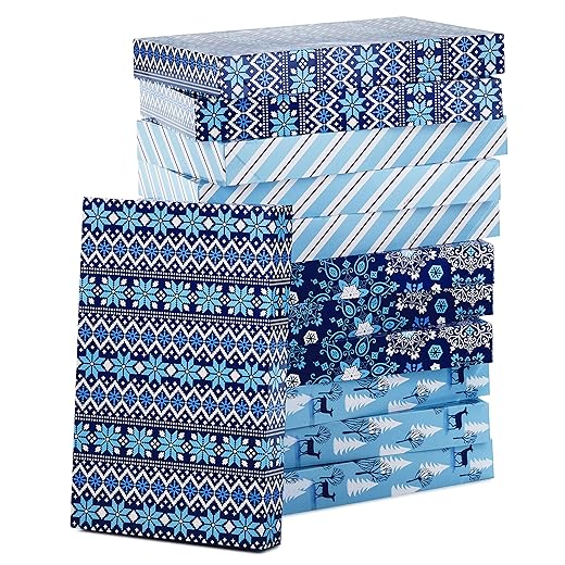 Hallmark Holiday Designed Shirt Boxes, Snowy Blues (Pack of 12) Snowflakes, Stripes, Sweater Pattern, Reindeer