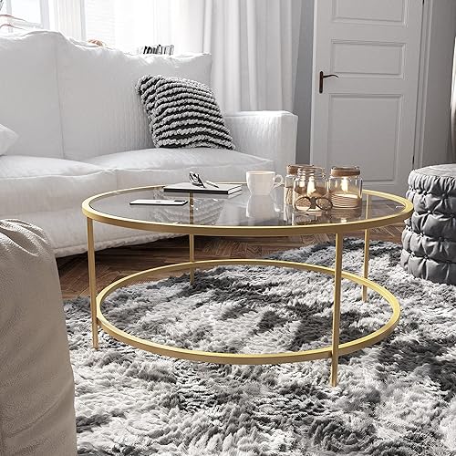 EMMA + OLIVER Mesa de centro de cristal transparente para sala de estar con marco redondo de metal dorado cepillado