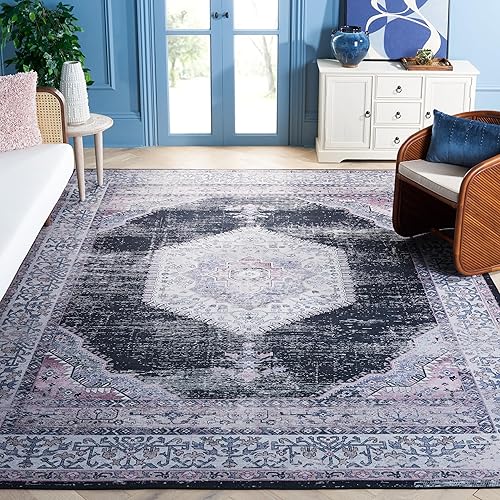 SAFAVIEH Alfombra de área de 8 x 10 pies, lavable, colección Tucson, grande, negro y beige, antideslizante, ideal para sala de estar, dormitorio,