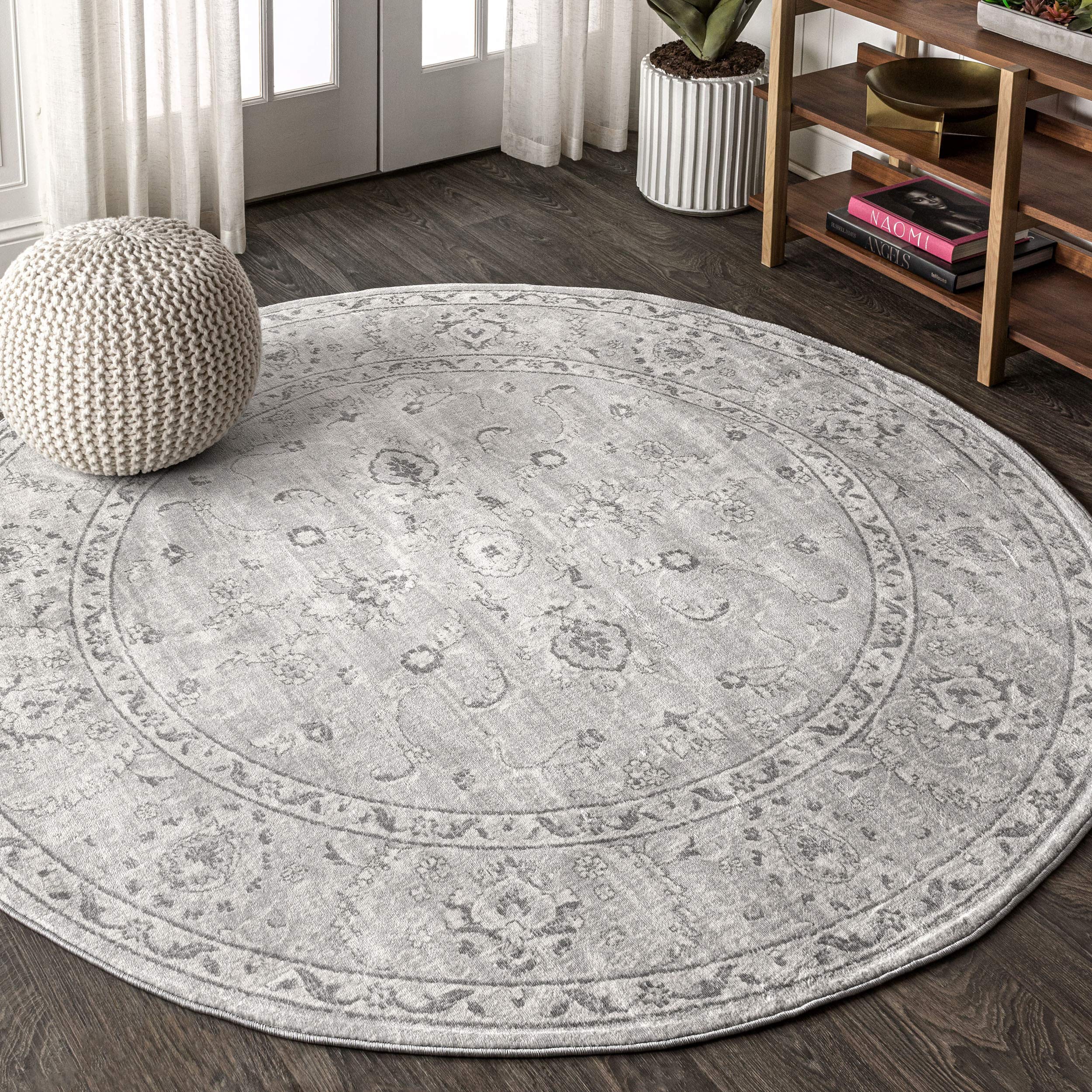 JONATHAN Y Modern Vintage Light Grey 6' Round Indoor Area Rug, Country, Floral, Easy-Cleaning for Living Room, Bedroom, Kitchen, Pet Friendly, Non-Shedding (MDP107B-6R)
