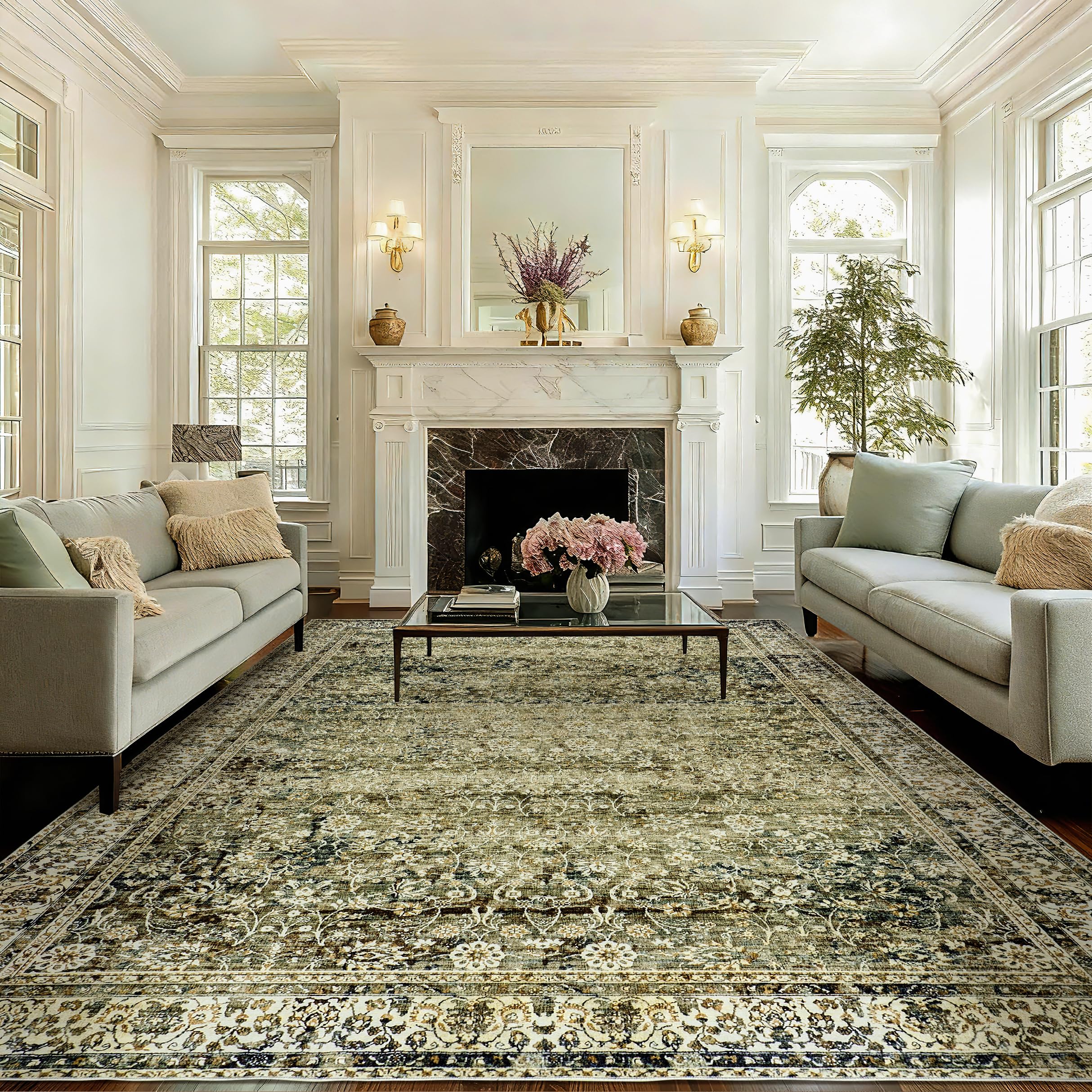 Large Boho Area Rugs 8x10 for Living Room,Low Pile Stain Resistant Neutral Vintage Distressed Style Machine Washable Rugs Carpet for Bedroom Dining