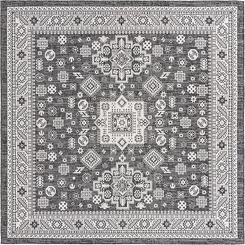 Miniatura 423 de Rugs.com Outdoor Aztec Collection Alfombra – 4 x 6 pies alfombra de tejido plano gris carbón perfecta para salas de estar, grandes comedores, planos