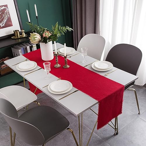 Miniatura 4 de Camino de mesa navideño con flecos, 14 x 90 pulgadas de largo, rojo, 100 % lino puro, camino de mesa rojo para invierno, lavable a máquina, hecho a