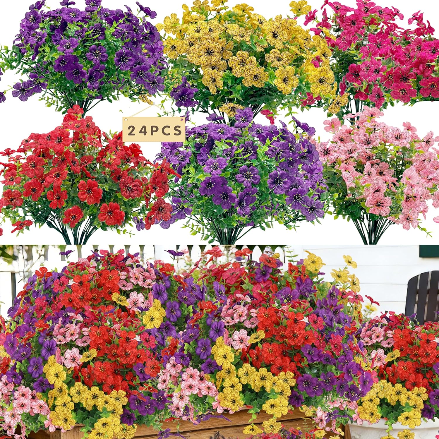 Senjie 24 Bundles Artificial Flowers Bulk for Outdoor Decor, UV Resistant Fake Plastic Flowers, Faux Flowers for Porch Patio Window Boxwood Garden