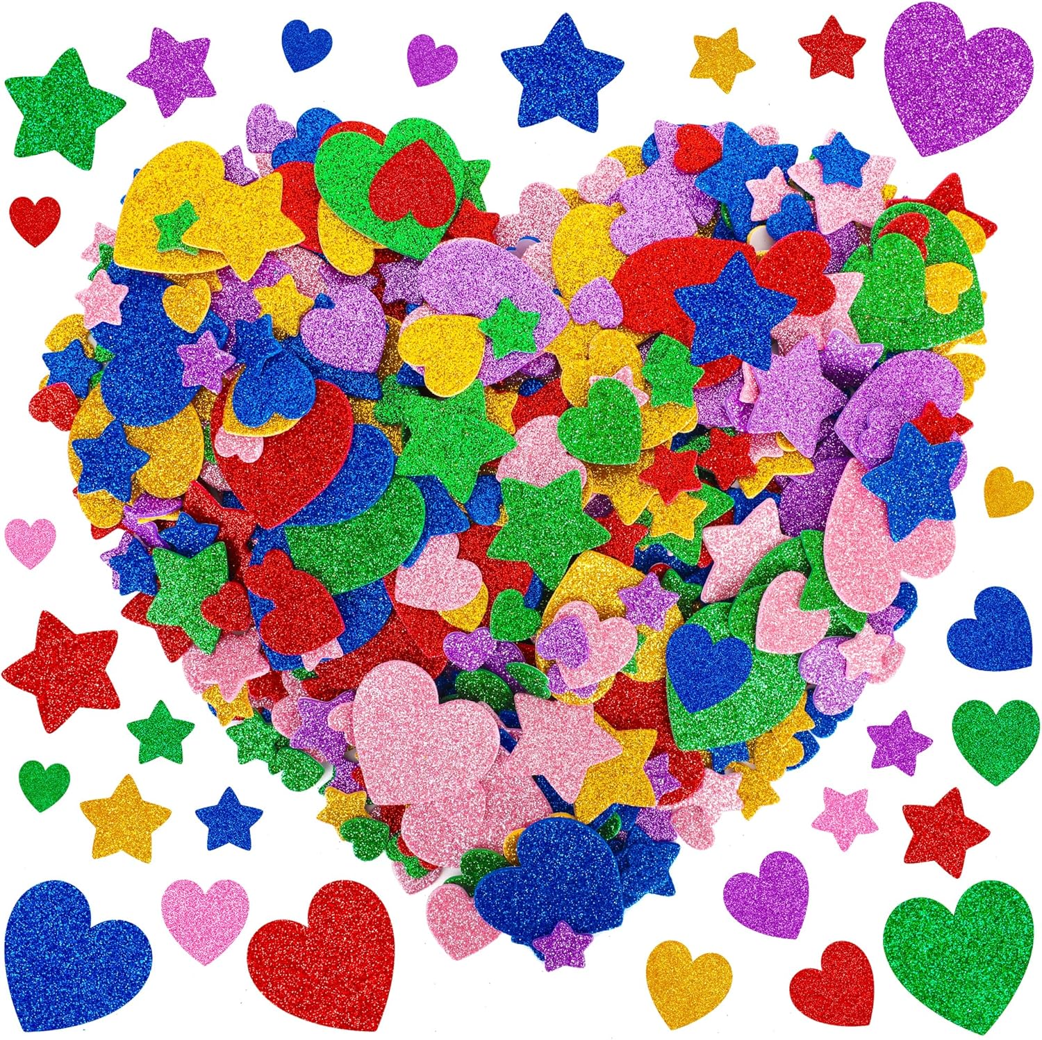 300 PCS Foam Stickers, Colorful Heart Stickers Glitter Star Heart Stickers, Self Adhesive Arts Craft Mini Star Bulk for Valentine Crafts DIY Greeting Card Envelopes Scrapbooking