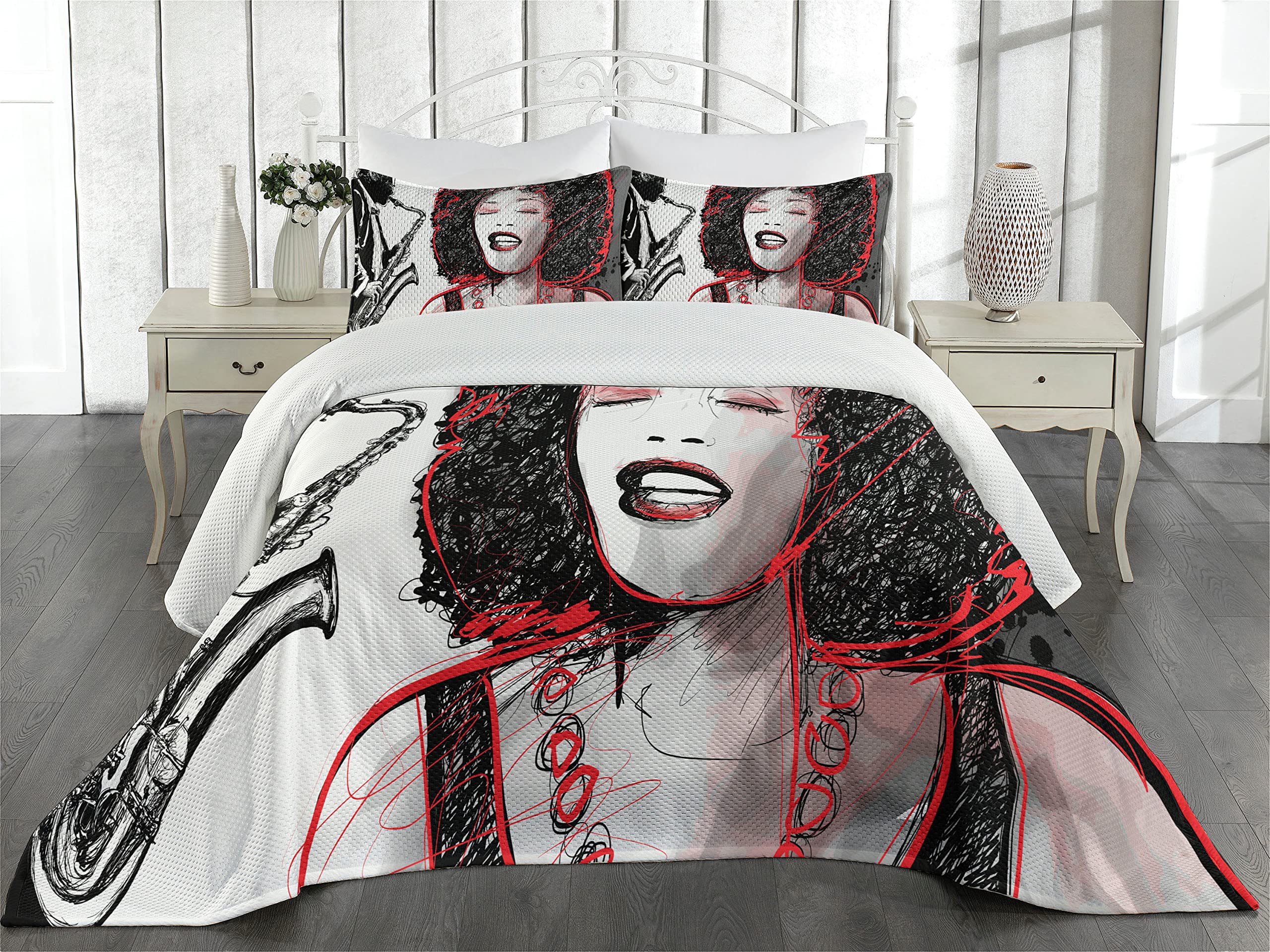 Ambesonne African Coverlet, American Girl Singing with Saxophone Player Popular Sound Design, 2 Piece Decorative Quilted Bedspread Set with 1 Pillow Sham, Twin Size, Pale Grey Black