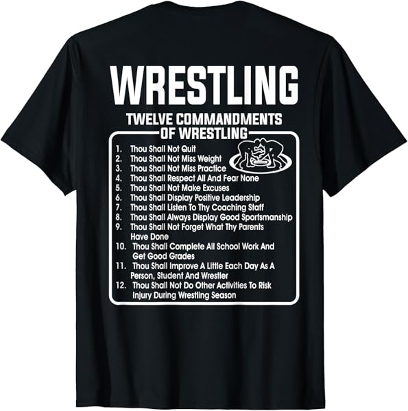 Classic Black Wrestling T-Shirt: 12 Commandments Crew Neck, Adult, Short Sleeve