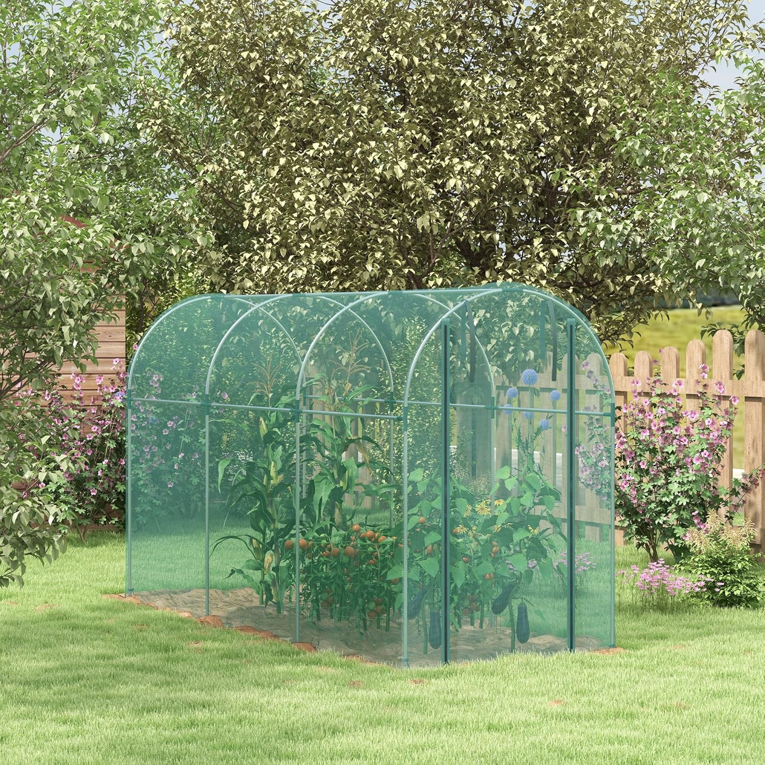 Outsunny 4' x 12' Crop Cage assembled in a garden
