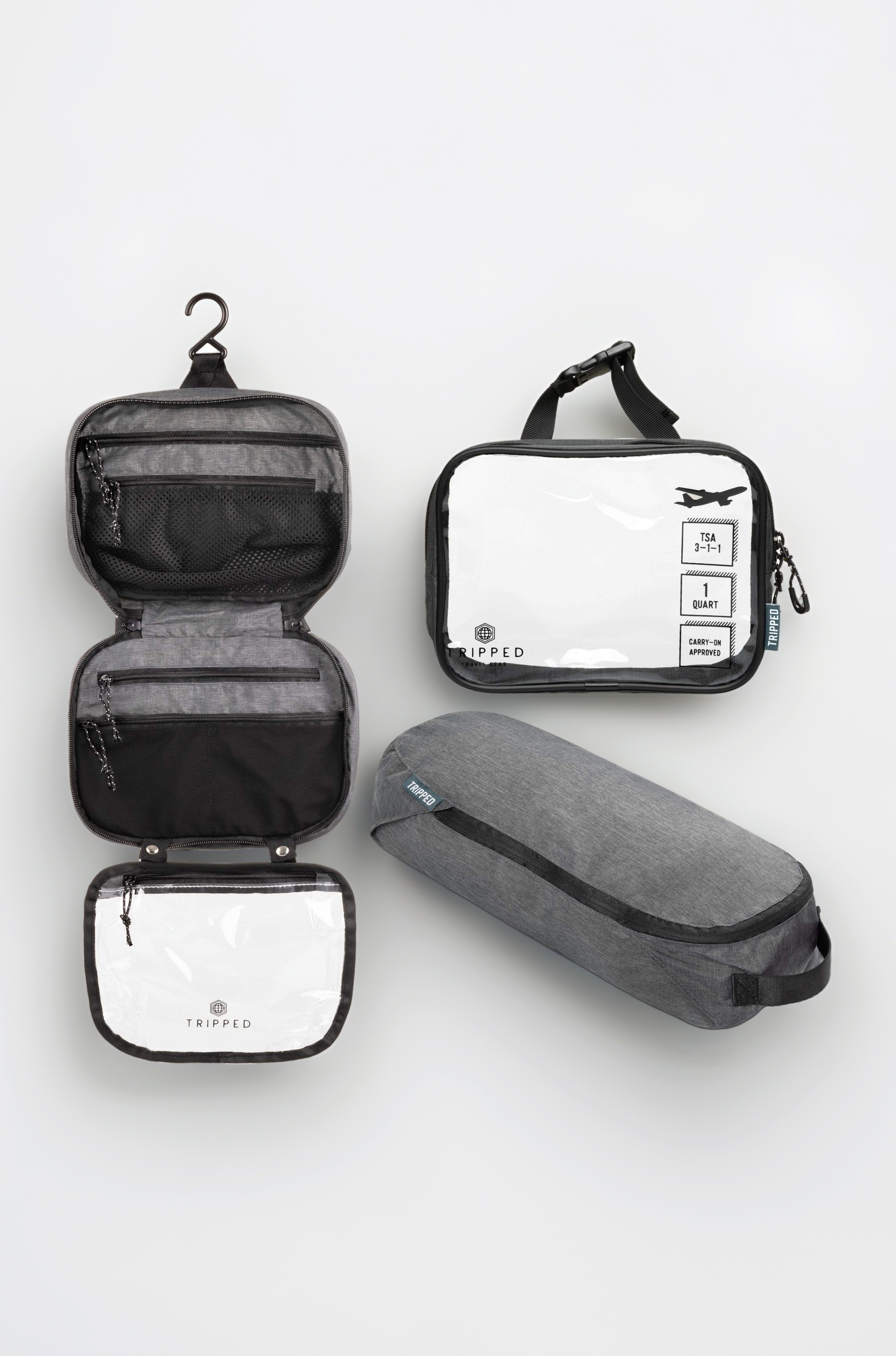 Toiletry Bag Kit Set: Hanging Travel Toiletry Bag + 311 TSA Cosmetic Liquid Bag + Ultralight Accessory Organizer Pouch, Grey, 3 Piece Toiletry Set