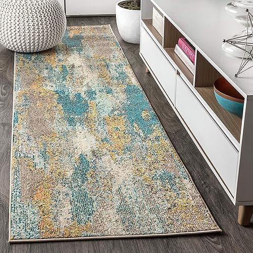 JONATHAN Y CTP106A-28 - Alfombra de pasillo contemporánea POP moderna abstracta vintage, color azul, marrón, naranja, 2 x 8 pies, bohemio, fácil de