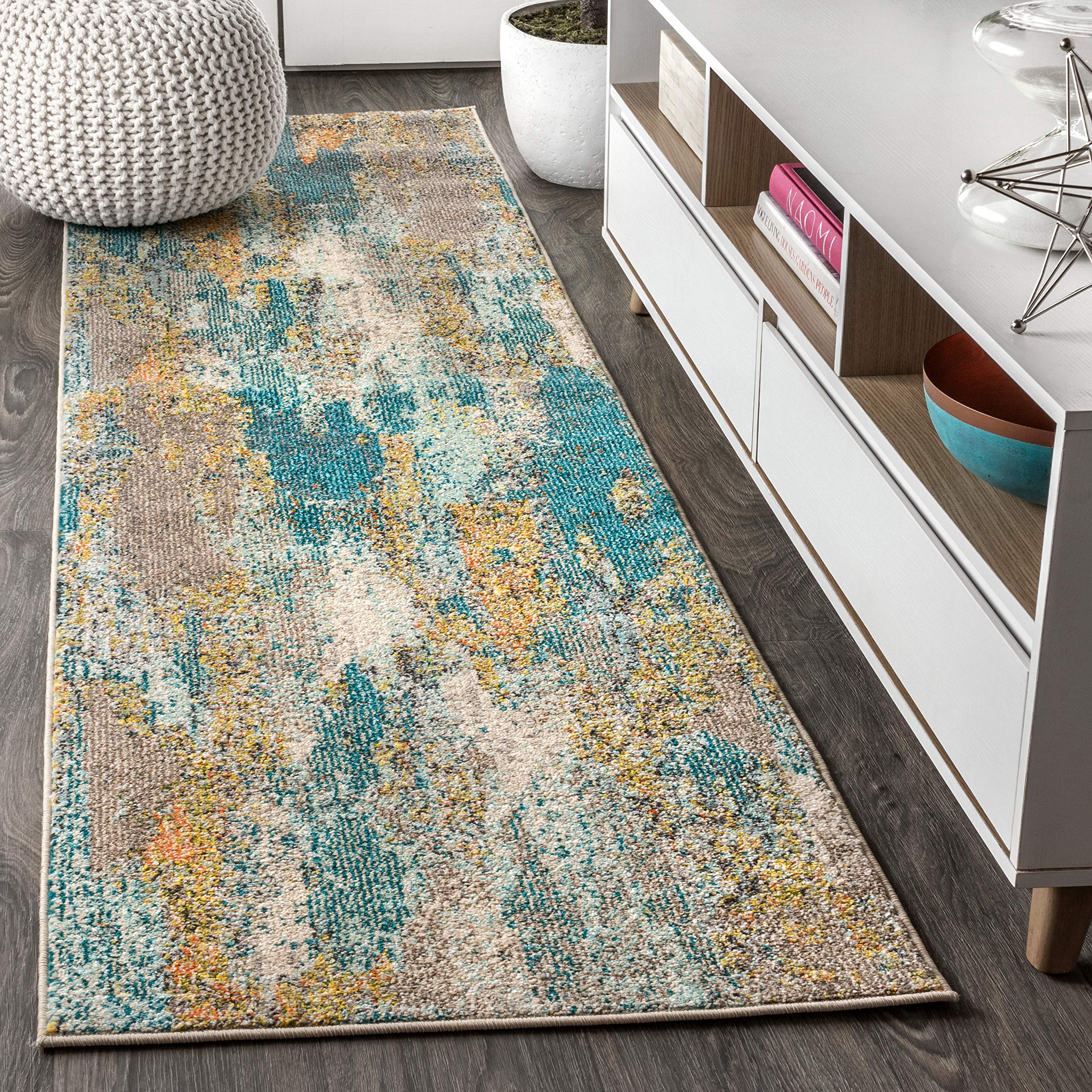 JONATHAN Y Modern Abstract Vintage Waterfall Blue/Brown/Orange Runner Rug, 2x8, Contemporary POP, Transitional, Easy-Cleaning for Living Room, Bedroom