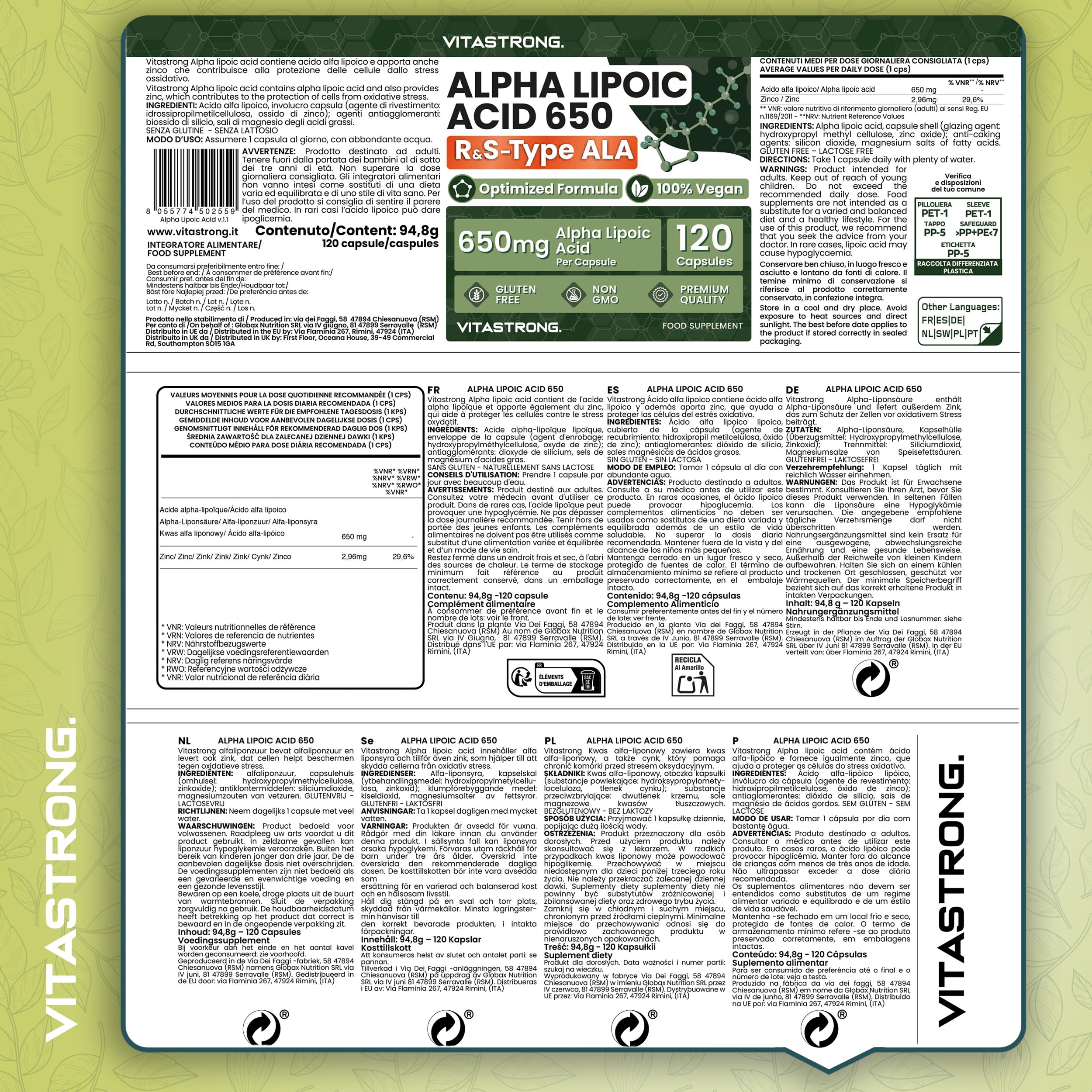 Acide Alpha-Lipoïque avec Oxyde de Zinc 650mg, Formule Optimisée d’Alpha Lipoic Acide Type R & S, Acide R Alpha Lipoique ALA et Zinc Complement Alimentaire 100% Vegan, 120 Gélules, Qualité Vitastrong