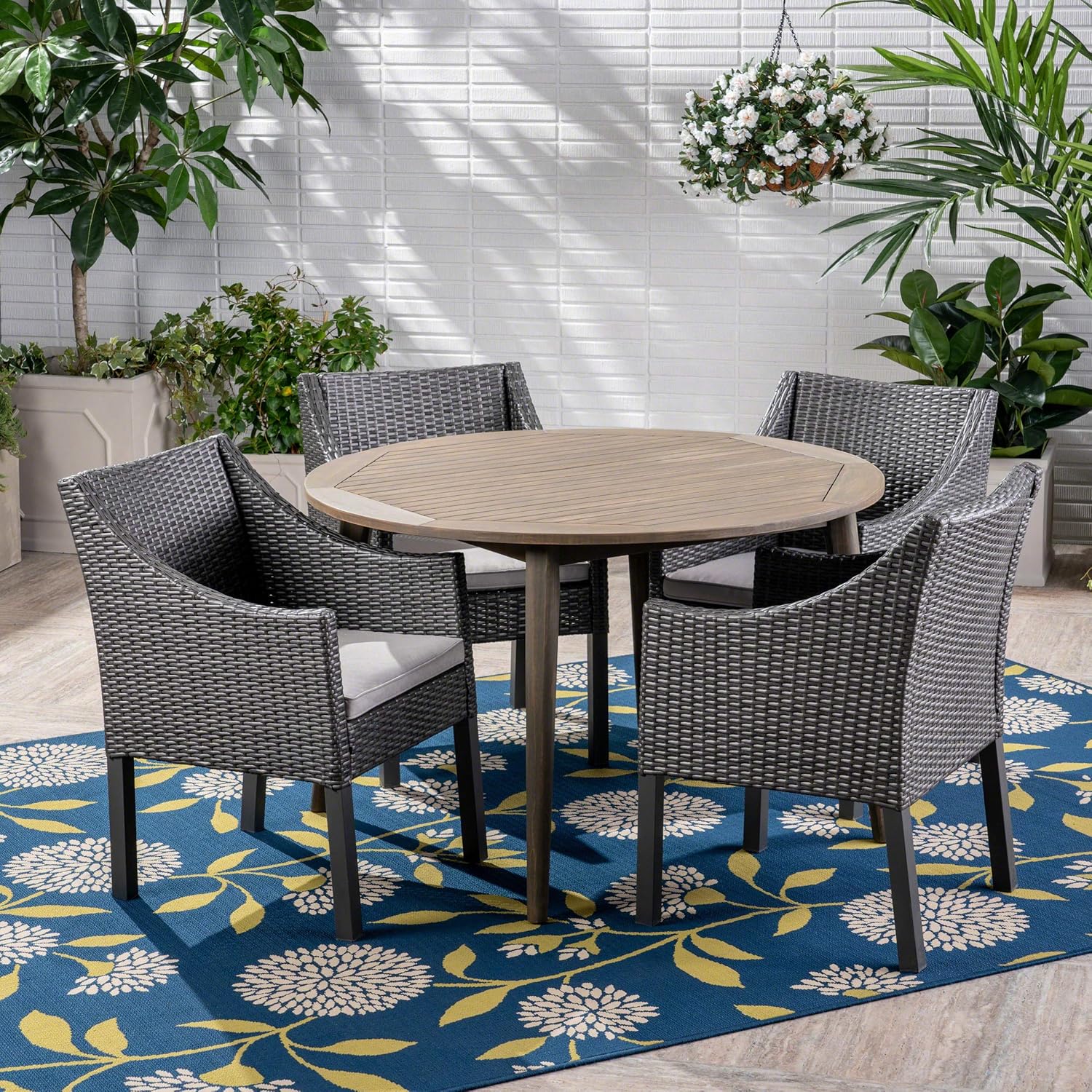 Christopher Knight Home Shipp Outdoor 5 Piece Wood and Wicker Dining Set, Gray Finish/Gray/Silver
