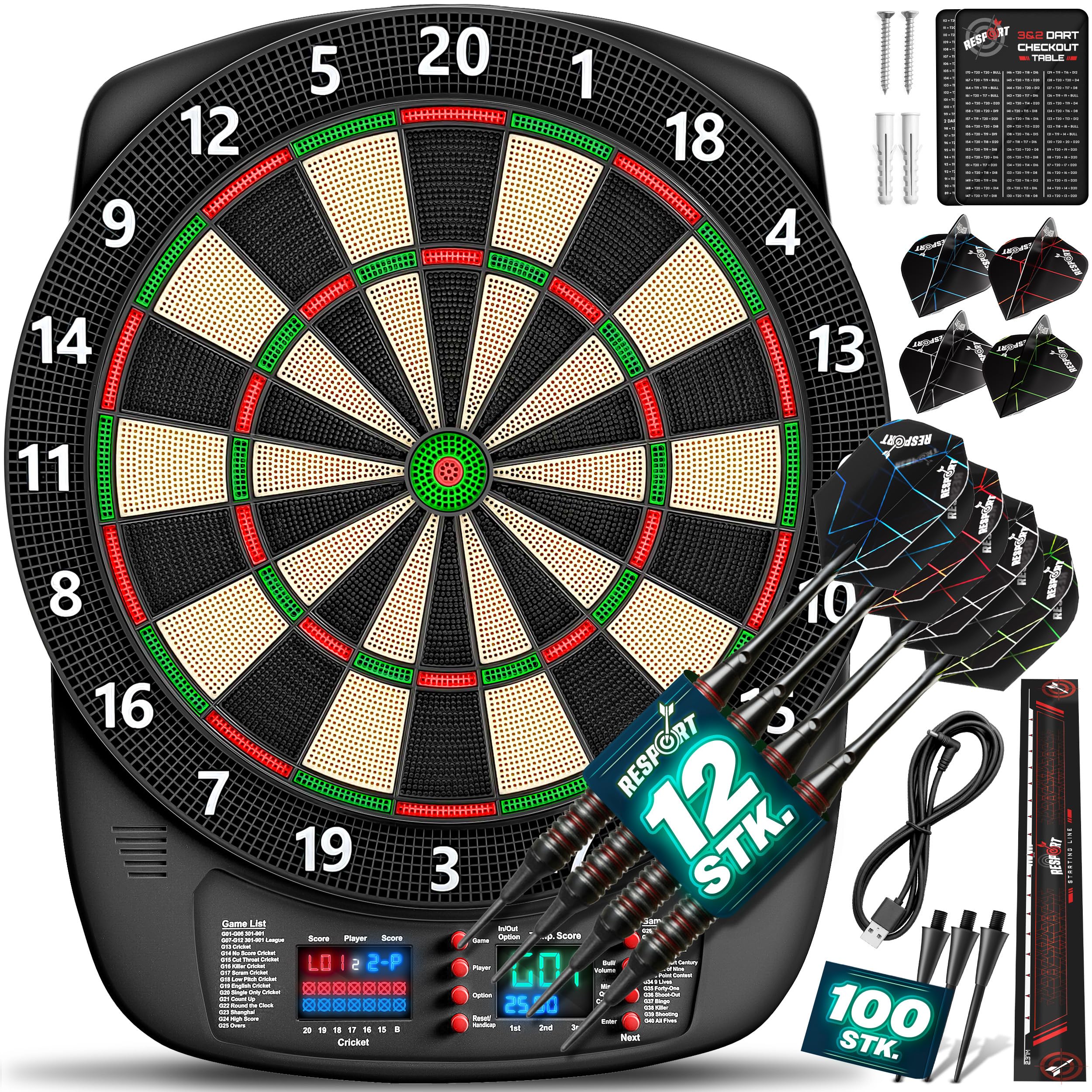 RE:SPORT Elektronische Dartscheibe Set – Mit 12 Pfeilen, 427 Spielvarianten, Für 1–8 Spieler, LED-Anzeige