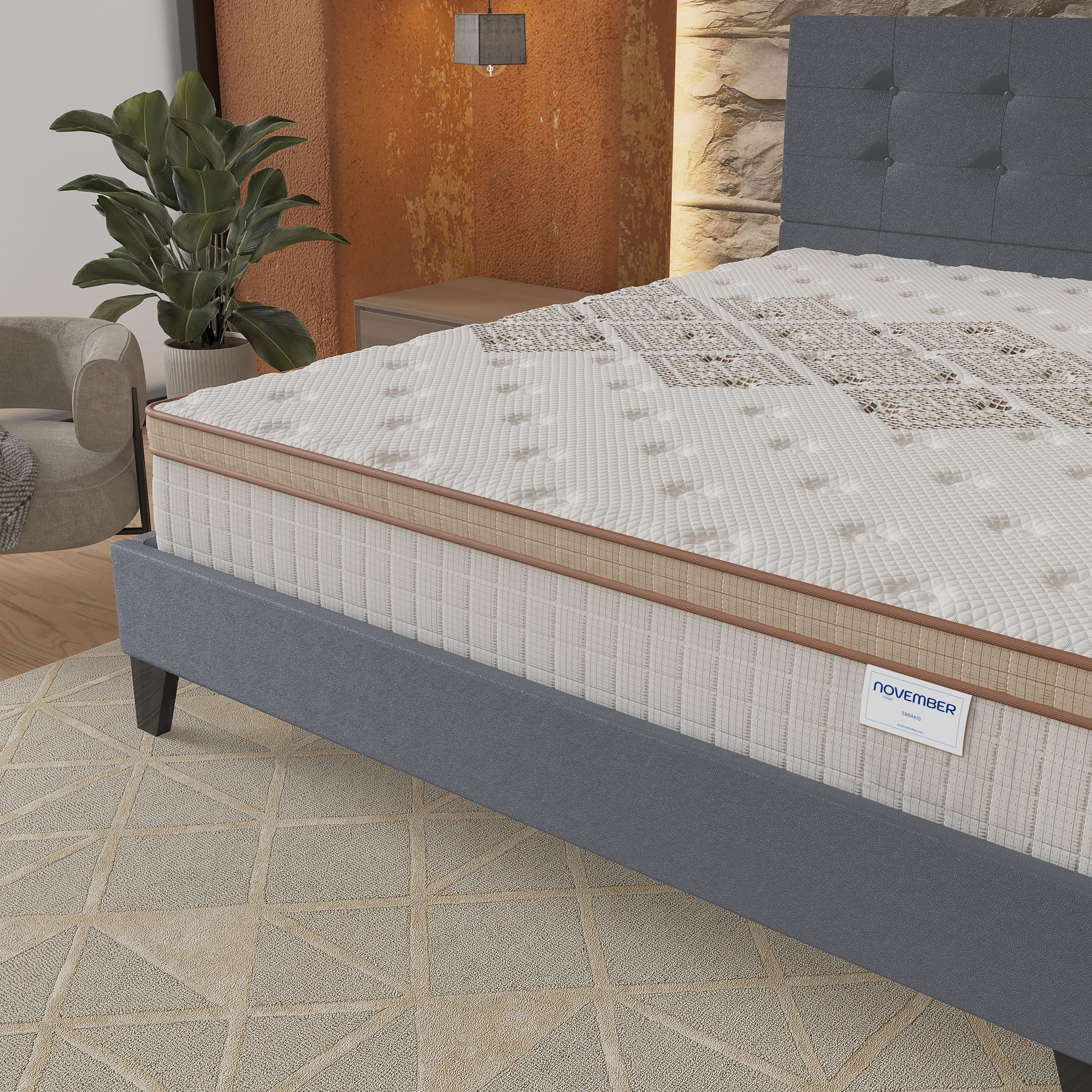 NOVEMBER- Ensemble Matelas + LIT (140x200cm)- Matelas Errakis 28cm Ressorts ensachés & Mousse HDensité + Sommier tête de lit Bois Stable & Robuste revêtement synthétique Gris