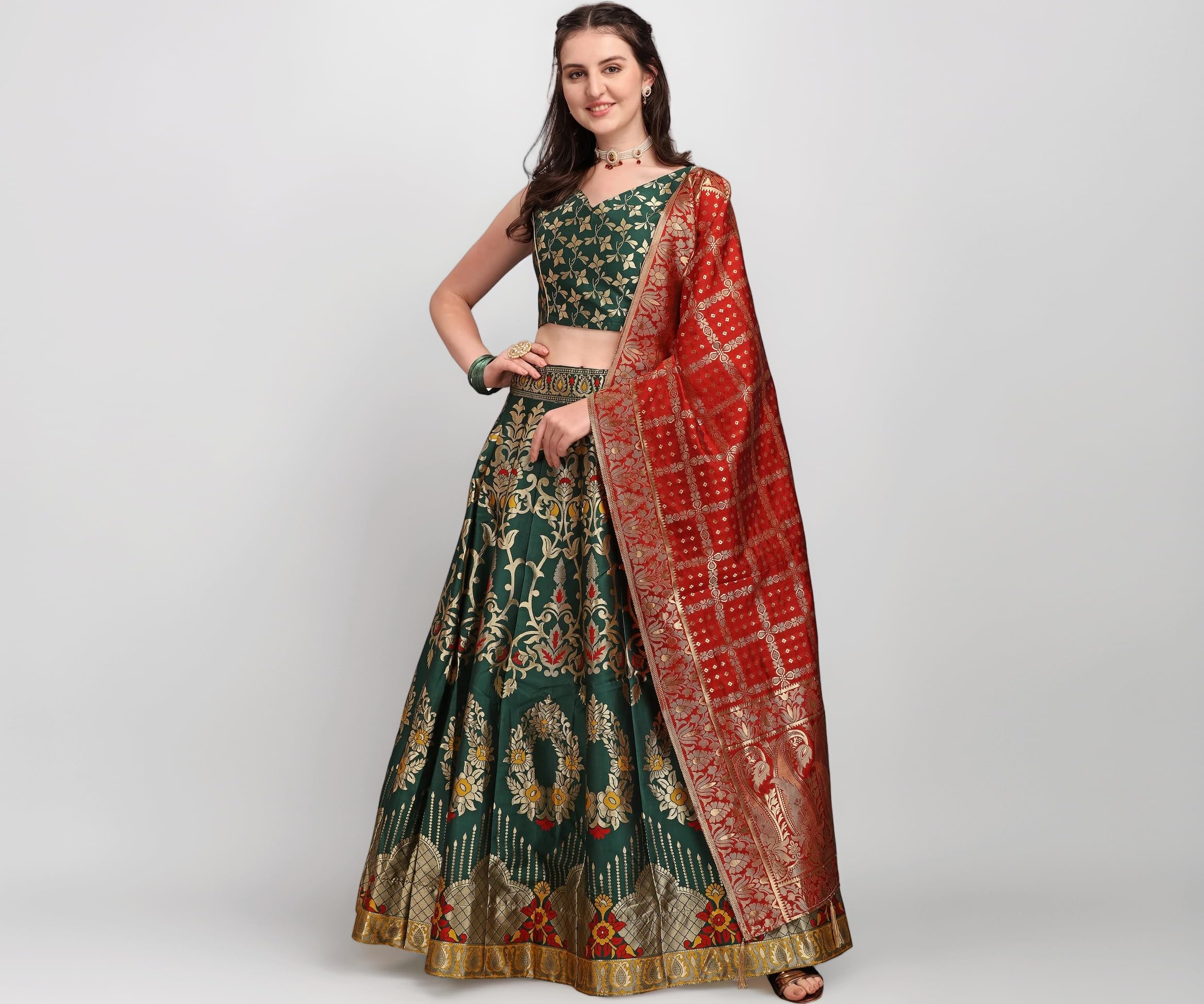 PURVAJA Women's Jacquard Semi-Stitched Lehenga choli