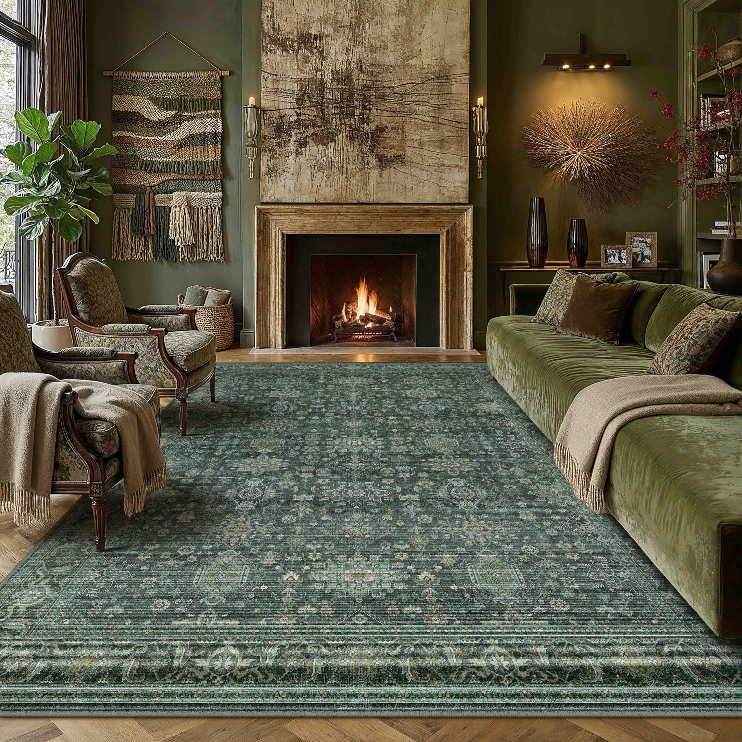 PureCozy Vintage Living Room Rug 240 x 300 cm Green Washable Non Slip Lounge Area Rugs Bedroom Bedside Large Soft Low Pile Carpet Office Dining Rooms Hall Indoor Carpets โ image 1
