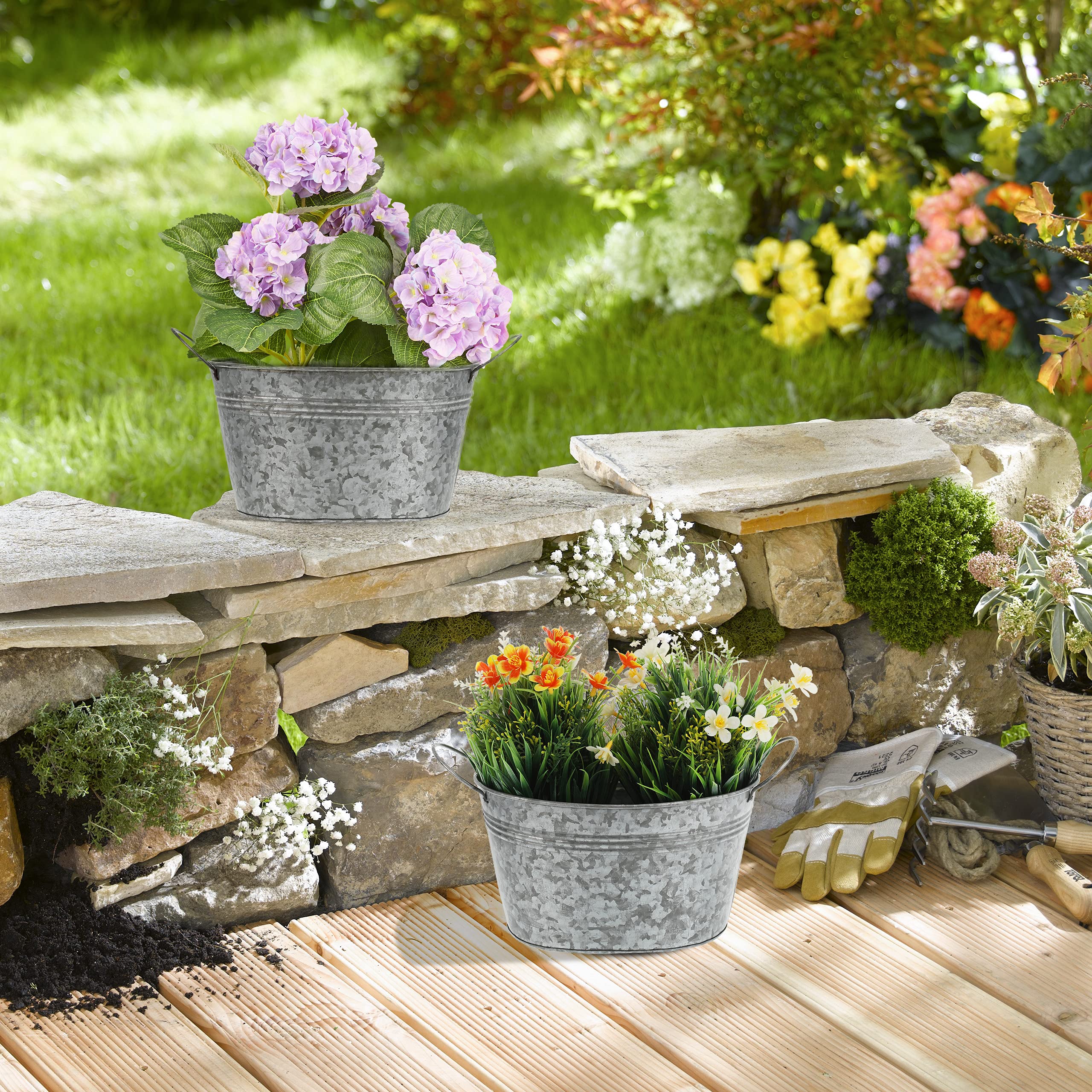 Relaxdays Pack 4 Macetas de Metal, Tiestos Flores de Exterior, Jardineras Ovaladas, 15,5x29x17,5 cm, Vintage, Plateado