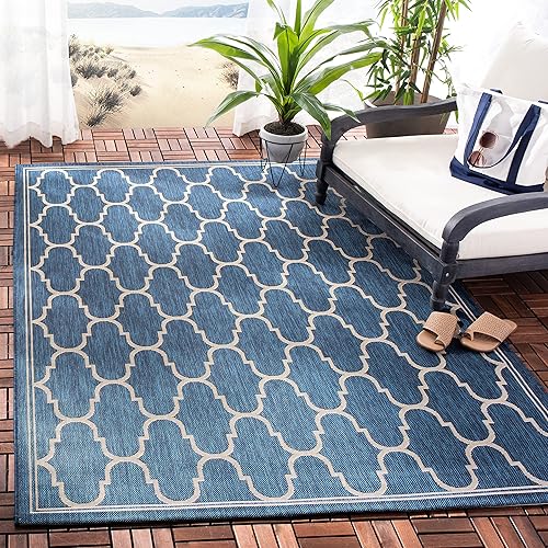 SAFAVIEH Courtyard Collection - Alfombra de área, 5.3 x 7 pies, color azul marino y beige, no desprende pelusa y de fácil cuidado, para interiores y