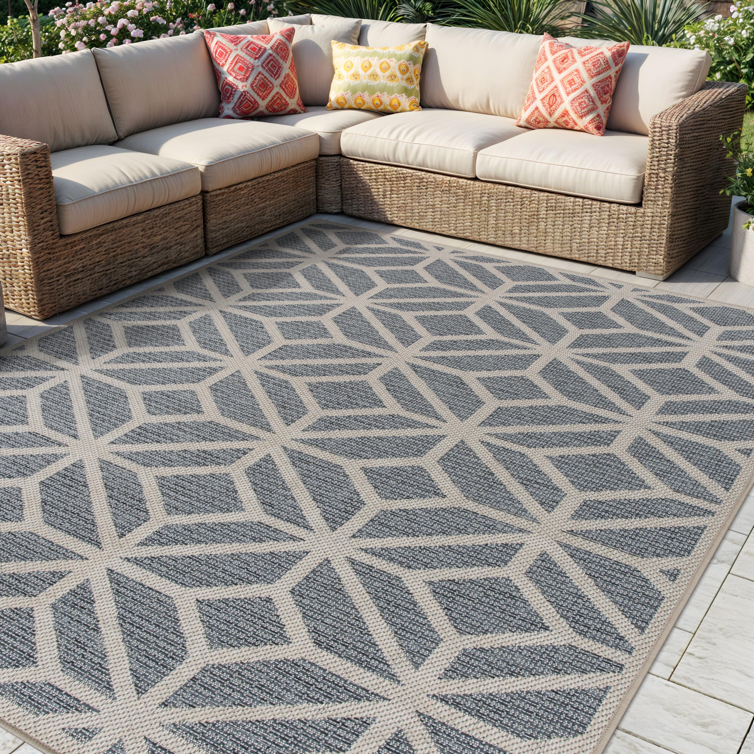 Rugshop Blue Contemporary Geometric Indoor/Outdoor Area Rug — Hose Washable for Living Room, Dining Room and Office, 6'6" x 9'