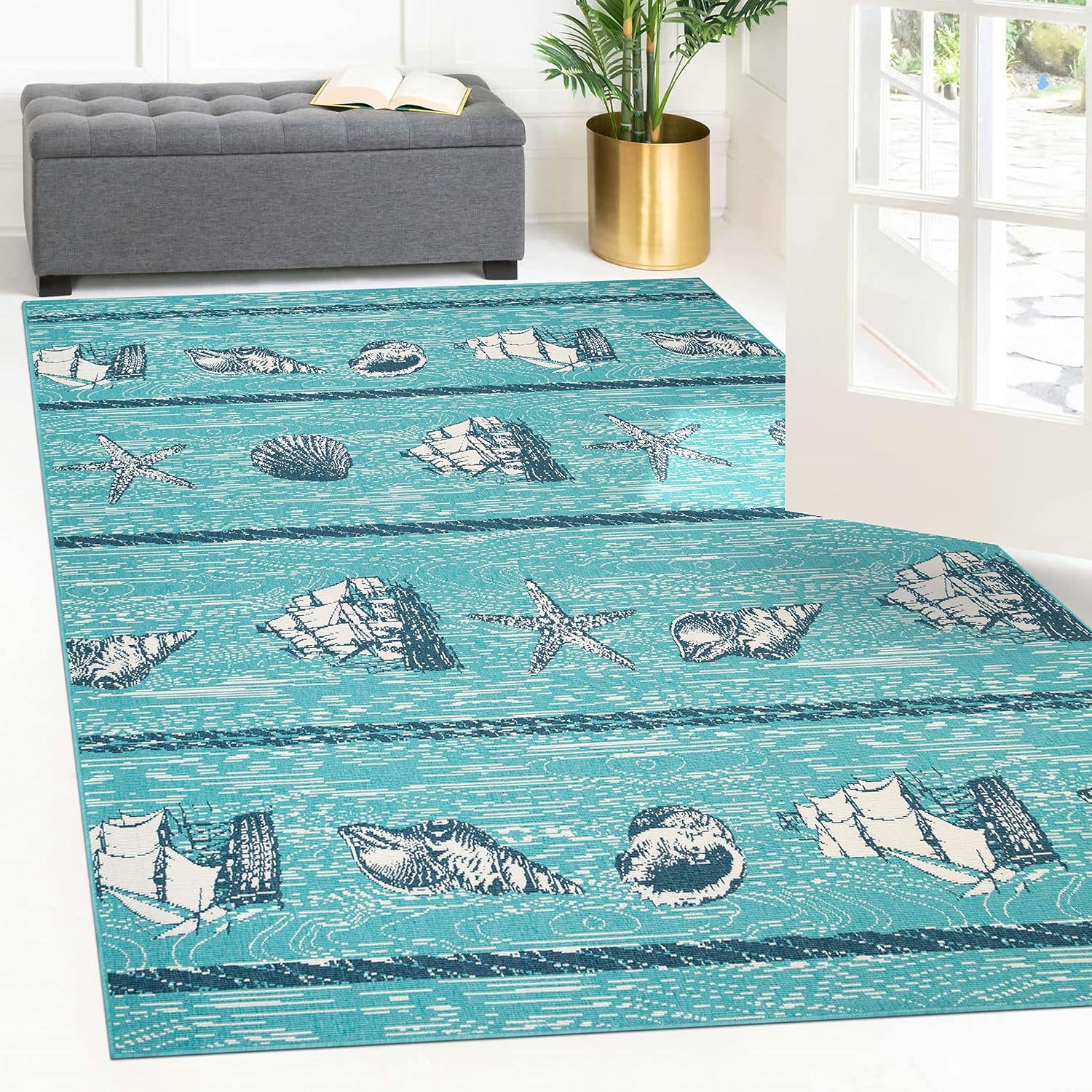 SUPERIOR Indoor Outdoor Area Rug, Coastal Tropical Floor Decor for Patio, Poolside, Kitchen, Living Room, Bedroom, Jute Backing, Seashells Starfish, Kalihiwai Collection, 5' x 8', Blue-Green/Cream