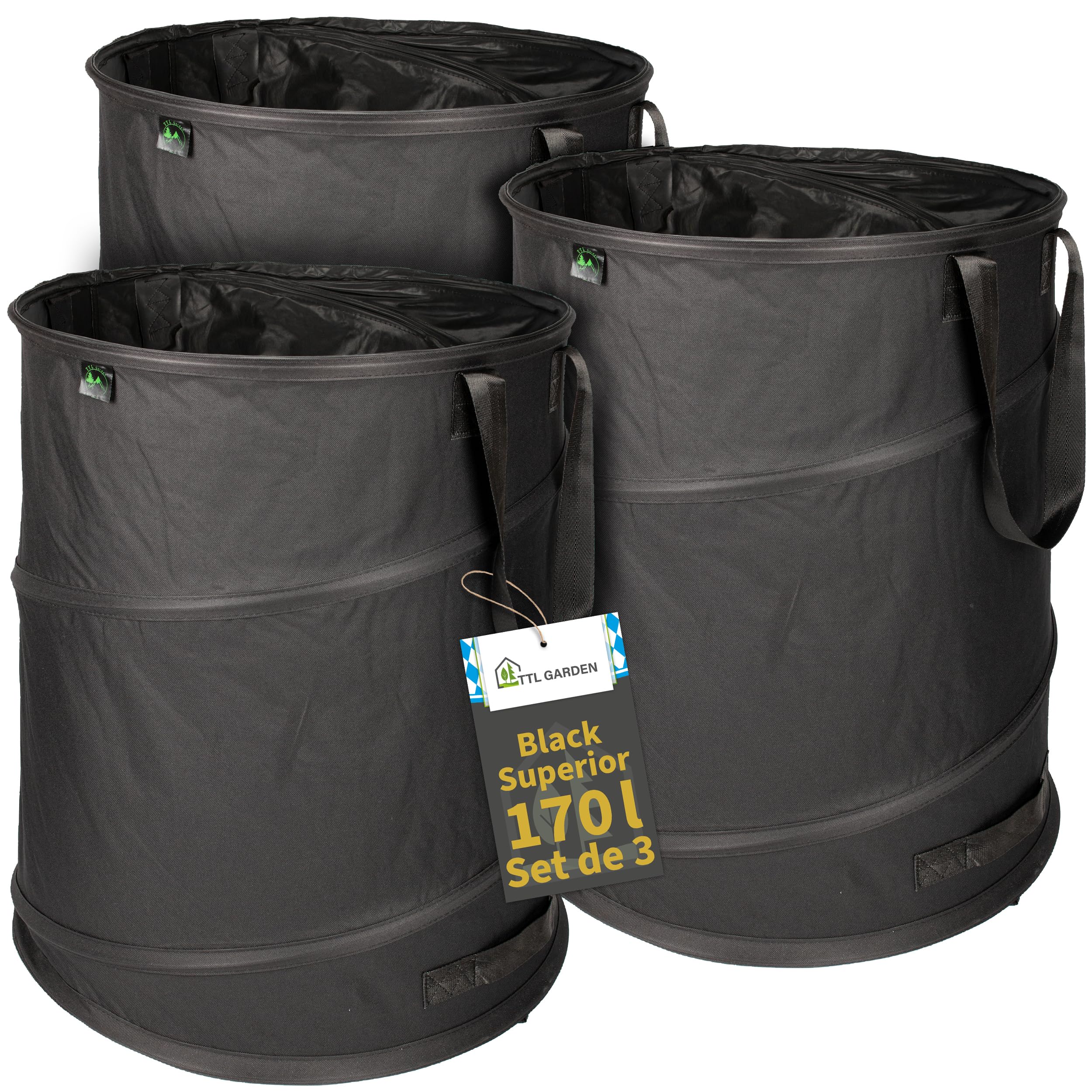 TTL Commerce TTL Garden NEGRO SUPERIOR 3x 170L Bolsa de jardín emergente DOBLE PISO 260gsm extra estable 600D Oxford juego de 3 Bolsa de basura de jardín de 170 litros Bolsa para hojas plegable Resid | Bolsas de basura de jardín 600D Oxford 600D, juego de