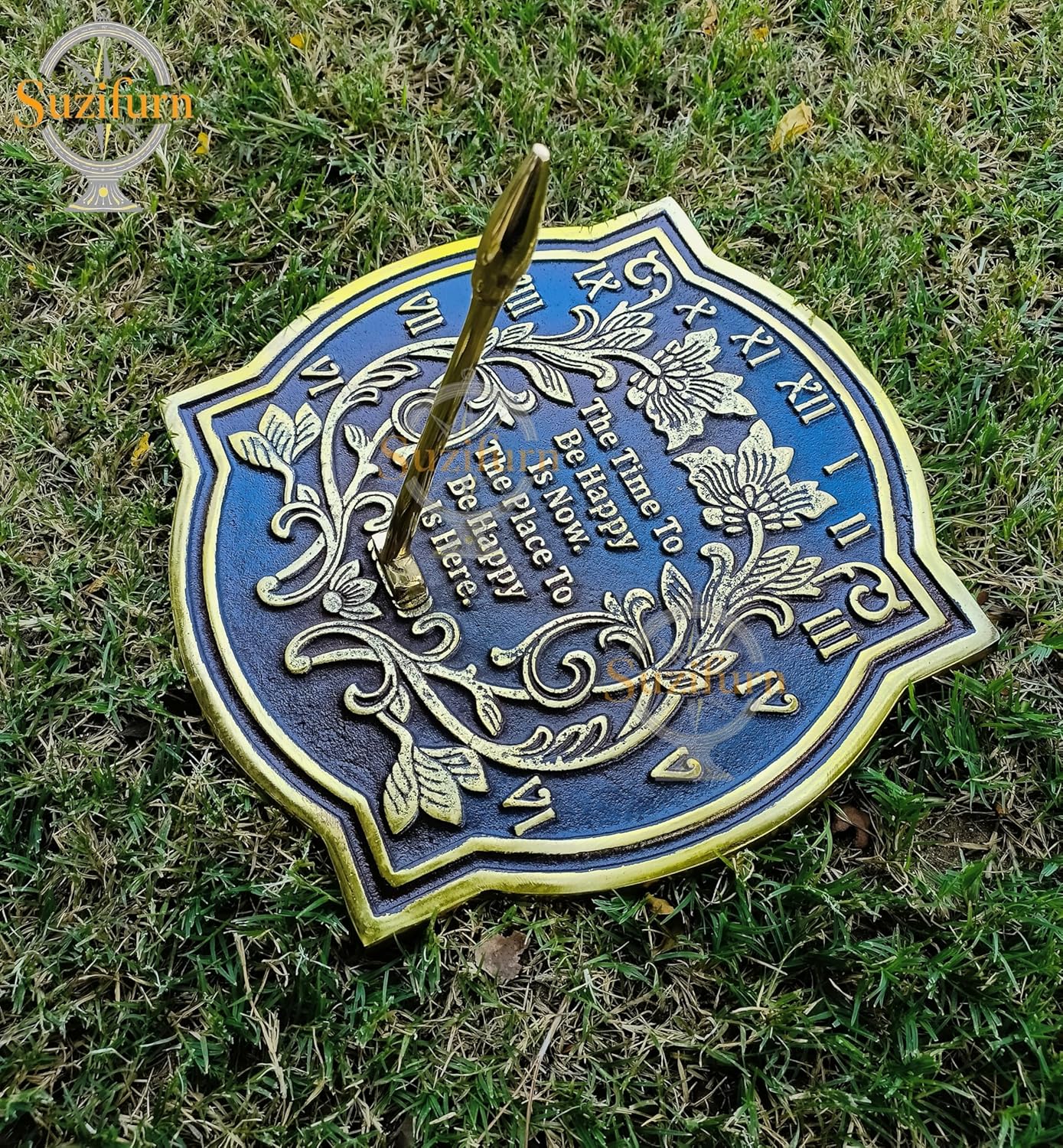 Happiness Sundial Solid Metal with Verdigris Highlights Home and Garden