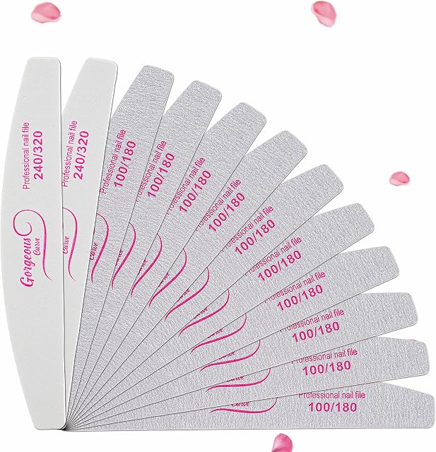 12 PCS Nail Files Professional Set of 12- 100/180 - Double Sided Grits Long Lasting Emery Boards for Acrylic & Natural Nails (White)