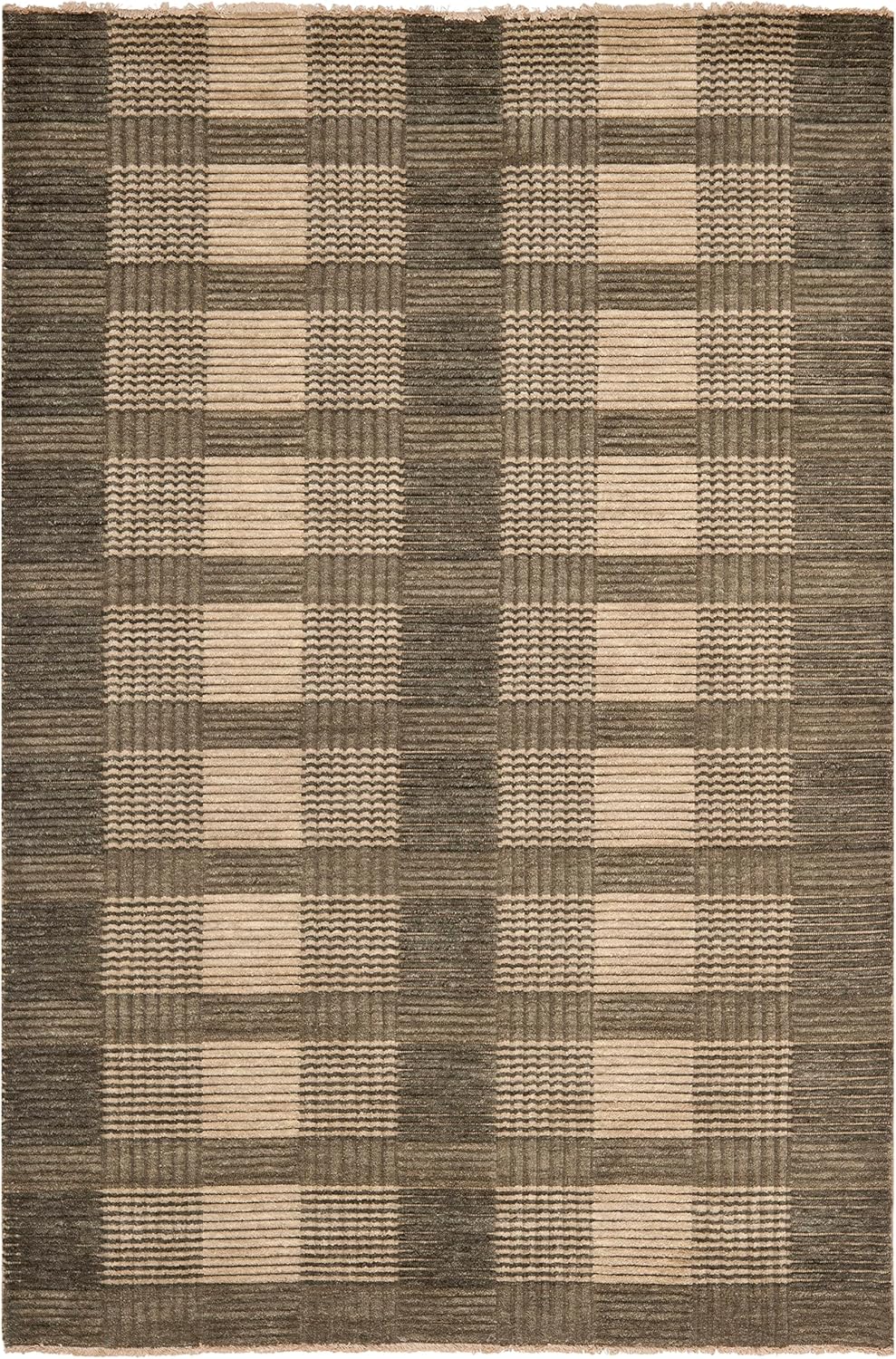 Gray Hand-Knotted Wool Plaid 4' x 6' Rug