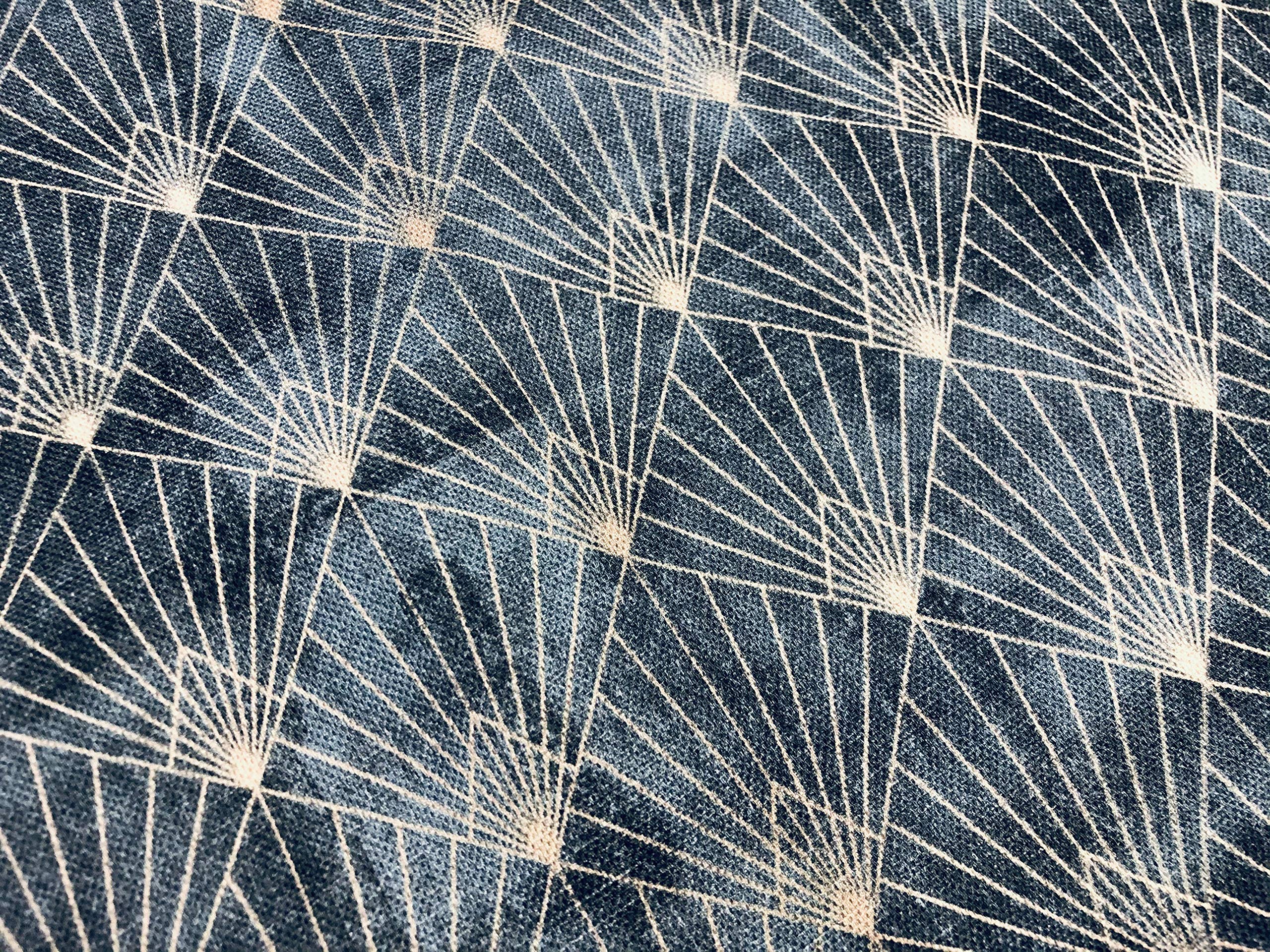 Navy Blue & Gold Diamond Art Deco Rhombus Damask Peacock Fan Fabric - Furnishing Curtains Upholstery Material - 140cm Wide (Sold by The Metre)