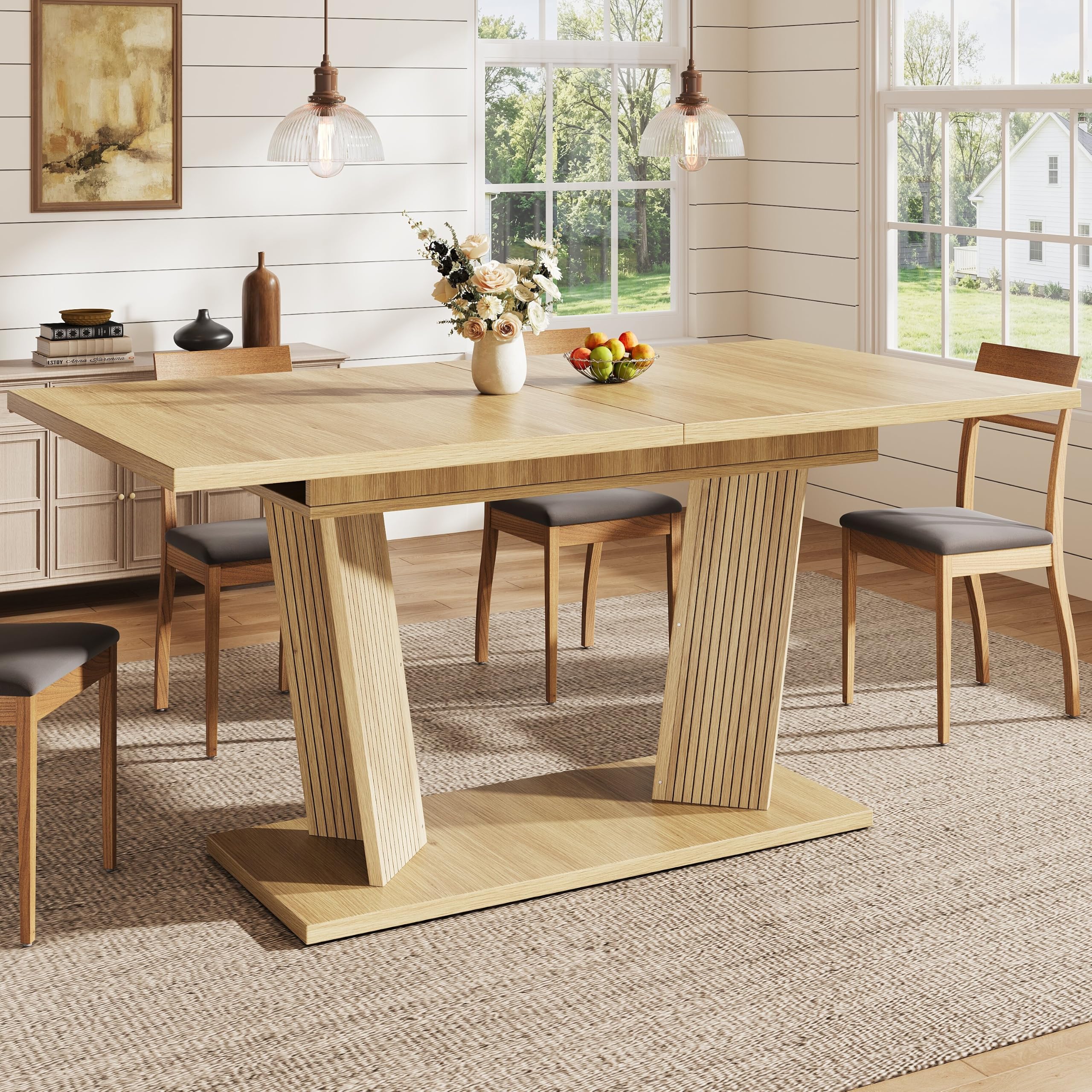 Merax Mesa de comedor extensible de 120 a 160 x 80 x 76 cm, moderna mesa de comedor con aspecto de madera maciza con base resistente y patas antideslizantes ajustables, ahorra espacio en espacios