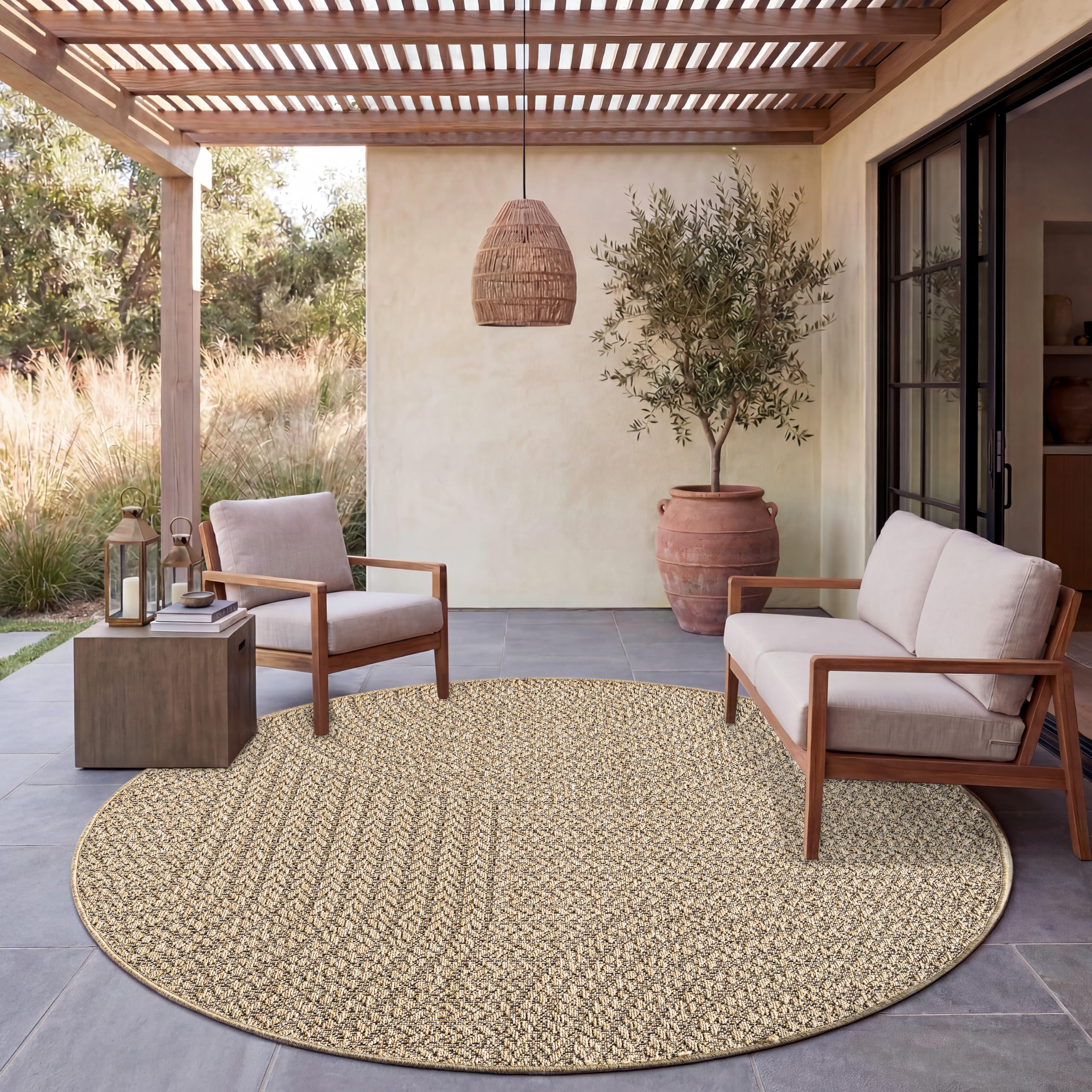 Paco Home Outdoor Teppich Wetterfest, moderner Jute-Look in natürlicher Sisal Optik, Robust, ideal für Terrasse Wohnzimmer & Küche, Beige 5, 120 cm Rund
